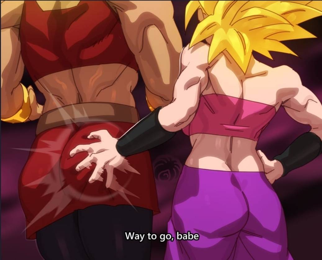 2girls, ass, ass focus, ass grab, blonde hair, brightmliks, caulifla, clothed female, clothing, dialogue, dragon ball, dragon ball legends, dragon ball super, edit, edited, english text, female, female only, female/female, grabbing, grabbing another's ass, grabbing ass, grabbing from behind, kale, kale (berserker), legendary super saiyan, lesbian, looking back, molestation, muscular, muscular female, saiyan, screencap, screenshot, screenshot edit, size difference, super saiyan, super saiyan 2, text, third-party edit, yuri