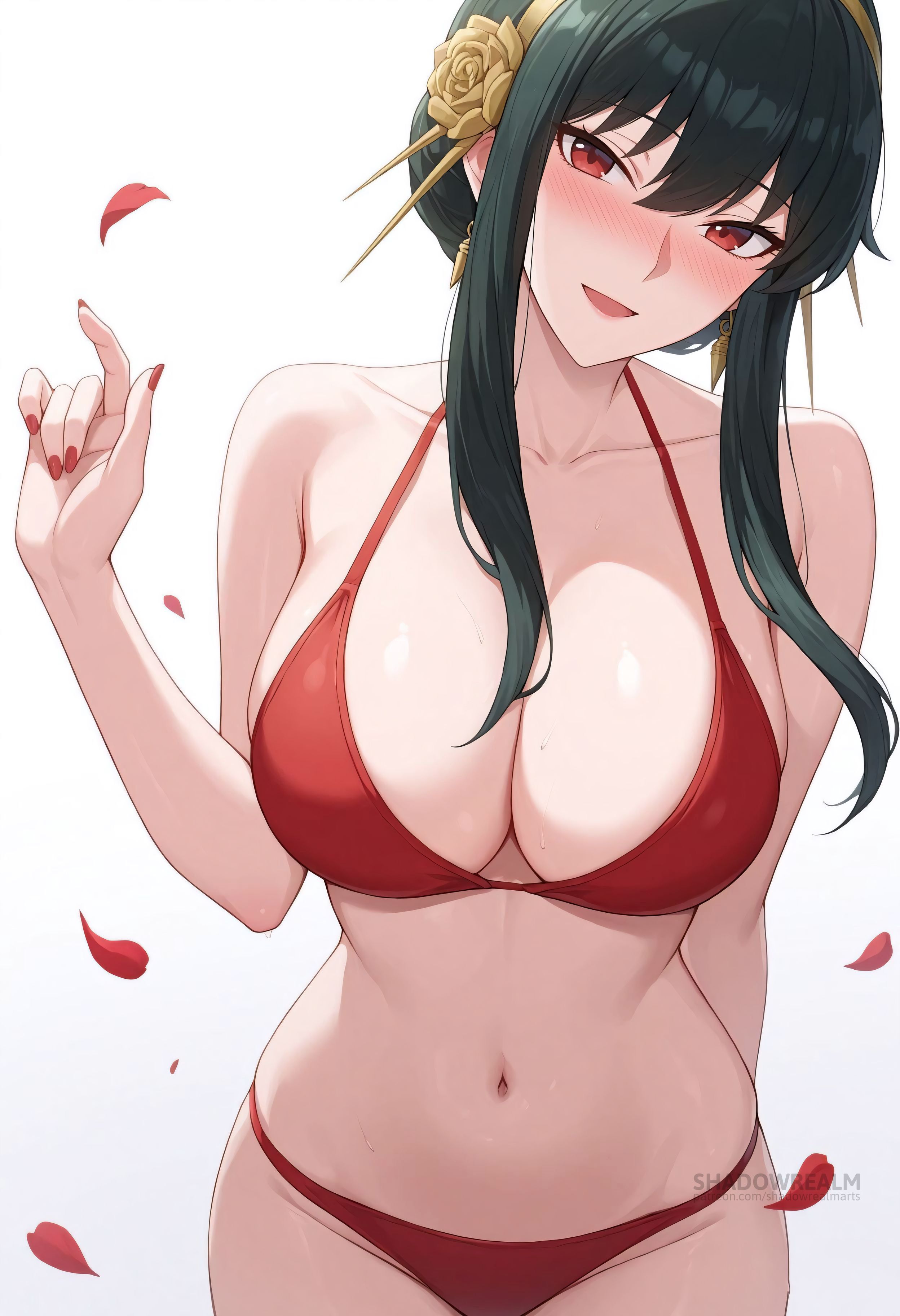 :d, ai generated, arm behind back, bare shoulders, bikini, black hair, blush, breasts, cleavage, collarbone, cowboy shot, earrings, falling petals, female, flower, gold earrings, gold hairband, hair flower, hair ornament, hairband, hand up, index finger raised, jewelry, large breasts, long hair, looking at viewer, nail polish, navel, open mouth, petals, red bikini, red eyes, red nails, rose, rose petals, shadowrealmarts, sidelocks, simple background, smile, solo, spy x family, stomach, swimsuit, uncensored, white background, yor briar