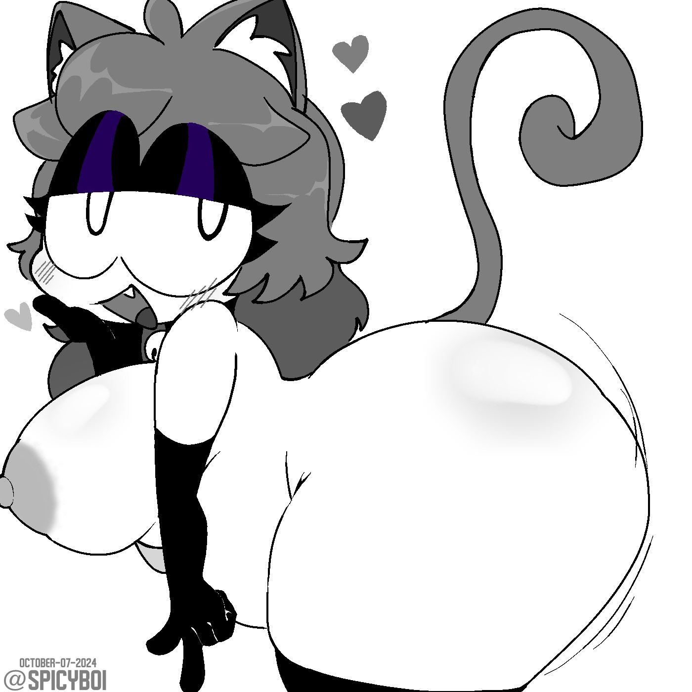 1girls, 2024, areolae, ass, bell collar, belly, blush, breasts, cat ears, cat tail, catgirl, chubby, chubby female, collar, cute fang, dated, elbow gloves, female, friday night funkin, grey hair, half-closed eyes, huge ass, large breasts, long hair, looking at viewer, mallory (theshipysea), monochrome, nipples, nude, open mouth, original, original character, smile, spicyboi, tagme, the shipy sea, thick thighs, thighhighs, twitter username, white background, white skin