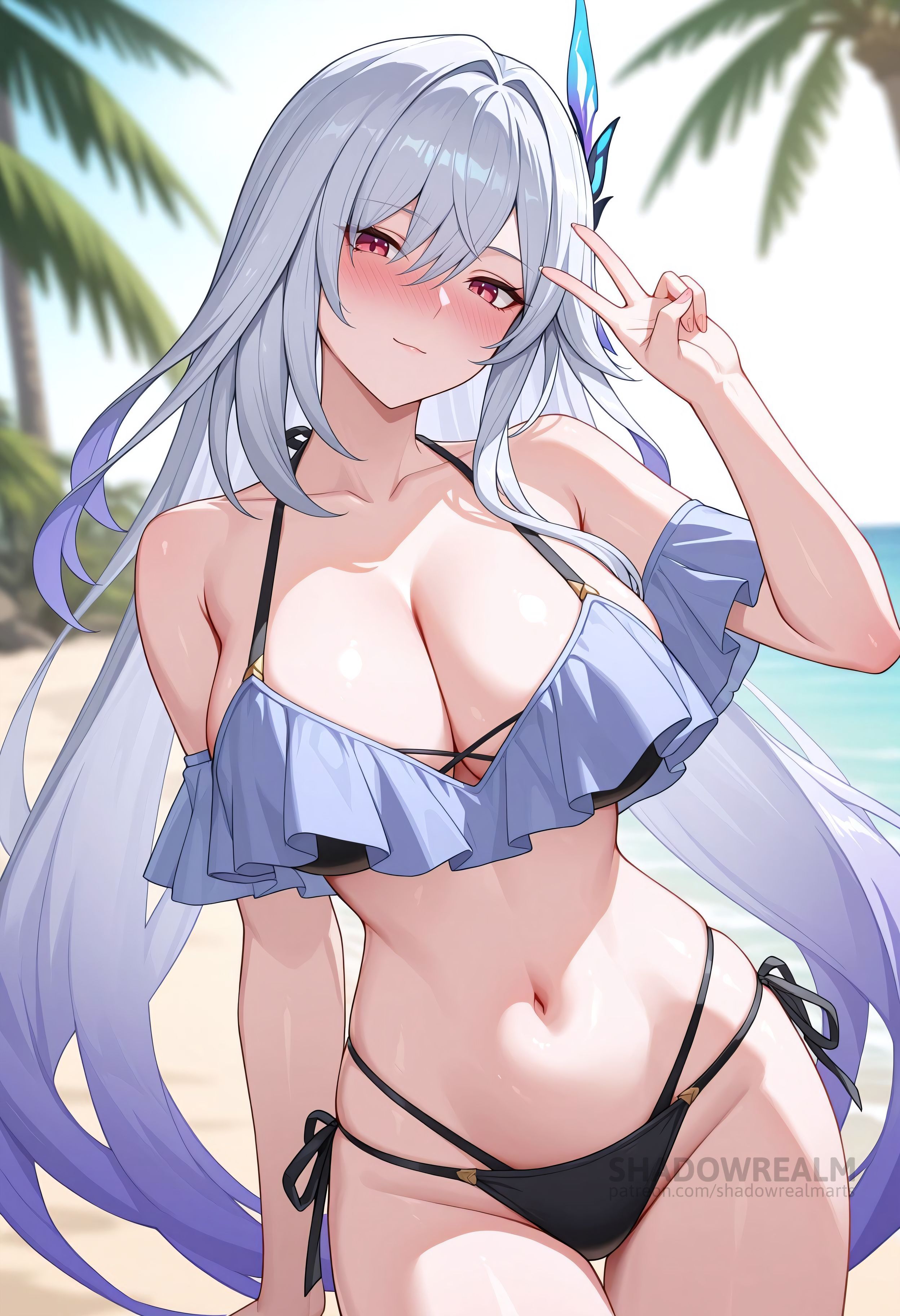 ai generated, alternate costume, bare shoulders, beach, bikini, black bikini, blush, breasts, cleavage, closed mouth, collarbone, female, genshin impact, gradient hair, grey hair, hair ornament, hand up, large breasts, long hair, looking at viewer, navel, outdoors, palm tree, red eyes, shadowrealmarts, side-tie bikini bottom, skirk (genshin impact), smile, solo, stomach, swimsuit, thighs, tree, uncensored, v, very long hair