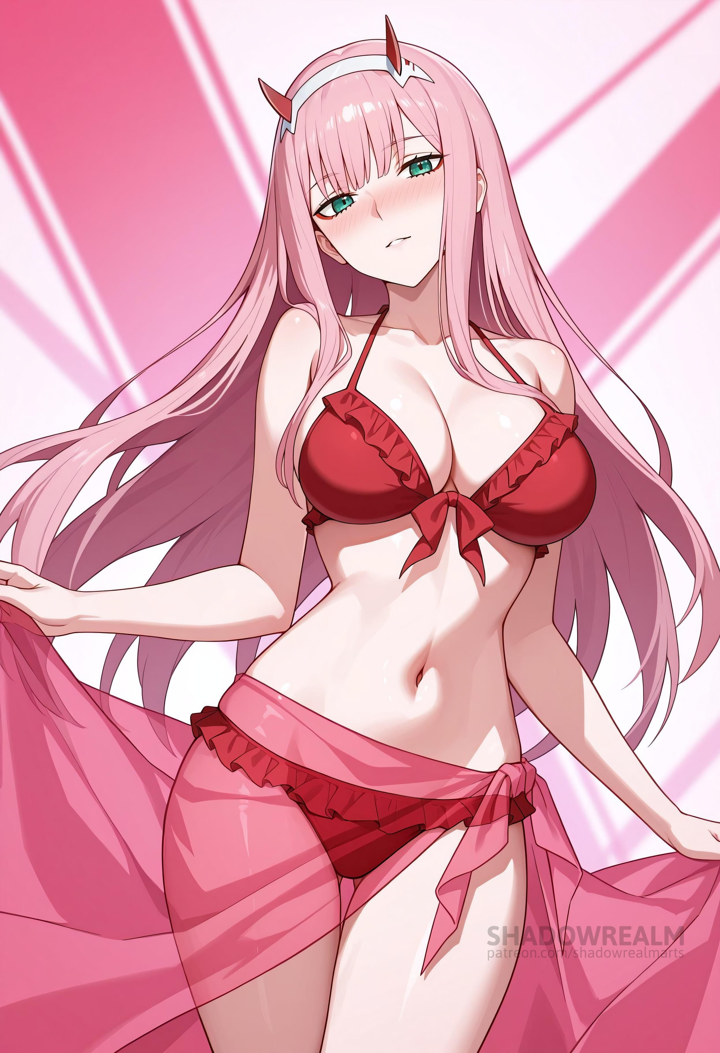 ai generated, ass visible through thighs, bare shoulders, bikini, blush, breasts, cleavage, closed mouth, collarbone, cowboy shot, darling in the franxx, female, frilled bikini, frills, front-tie bikini top, front-tie top, green eyes, hairband, halterneck, head tilt, horns, large breasts, long hair, looking at viewer, navel, pink hair, red bikini, red horns, sarong, see-through, shadowrealmarts, solo, stomach, swimsuit, thigh gap, thighs, uncensored, very long hair, white hairband, zero two (darling in the franxx)
