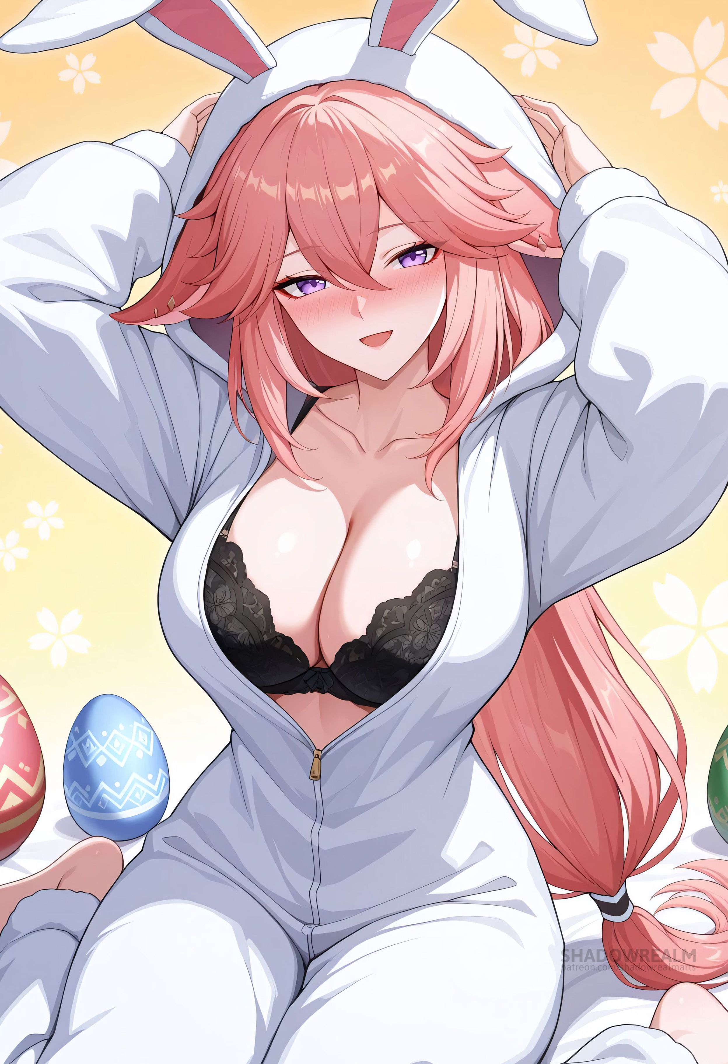 ai generated, alternate costume, animal ears, animal hood, arms up, barefoot, black bra, blush, bra, breasts, cleavage, collarbone, egg, fake animal ears, female, floppy ears, genshin impact, hair between eyes, hood, hood up, lace-trimmed bra, large breasts, long hair, long sleeves, looking at viewer, low-tied long hair, open mouth, partially unzipped, pink hair, purple eyes, rabbit ears, rabbit hood, shadowrealmarts, sitting, smile, solo, uncensored, underwear, very long hair, wariza, yae miko