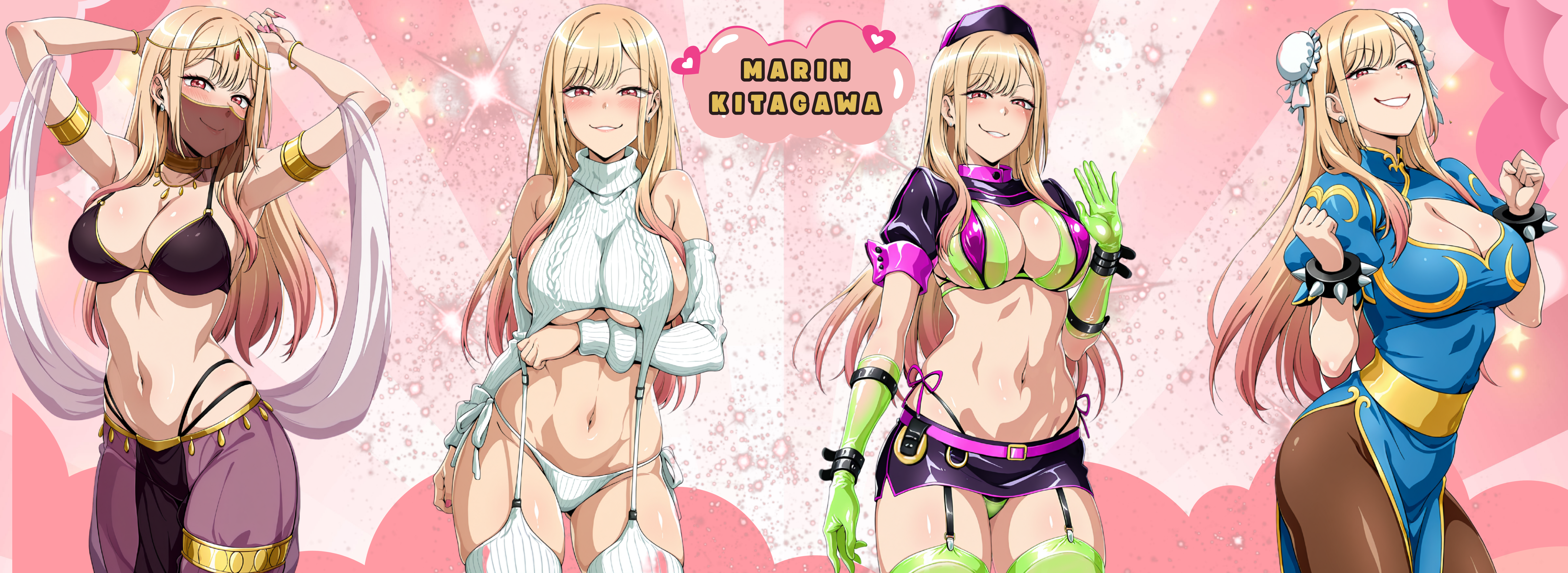 1girls, absurd res, absurdres, ai assisted, ai generated, blonde hair, breasts, chun-li (cosplay), cleavage, concept art, cosplay, earrings, female, florence nightingale (trick or treatment) (fate) (cosplay), harem outfit, high resolution, highres, kitagawa marin, marin kitagawa, midriff, my dress up darling, navel, nurse, photoshoot, pose, raleu10, red eyes, slim waist, sono bisque doll wa koi wo suru, street fighter, virgin killer sweater, wide hips