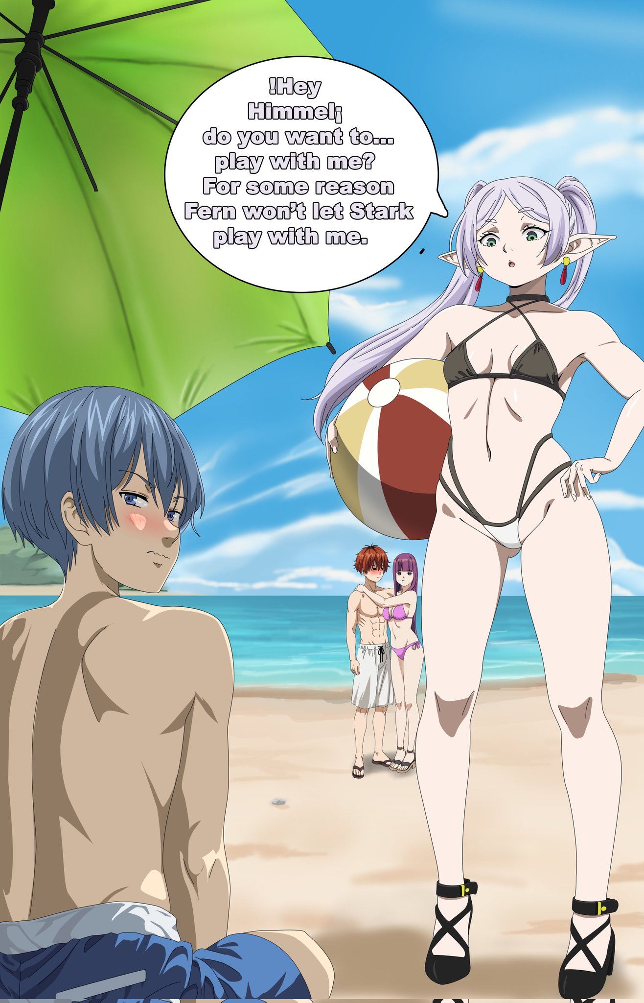 beach, beach ball, english text, female, fern (sousou no frieren), frieren, frieren beyond journey's end, himmel (sousou no frieren), male, micro bikini, revealing clothes, sousou no frieren, stark (sousou no frieren), text