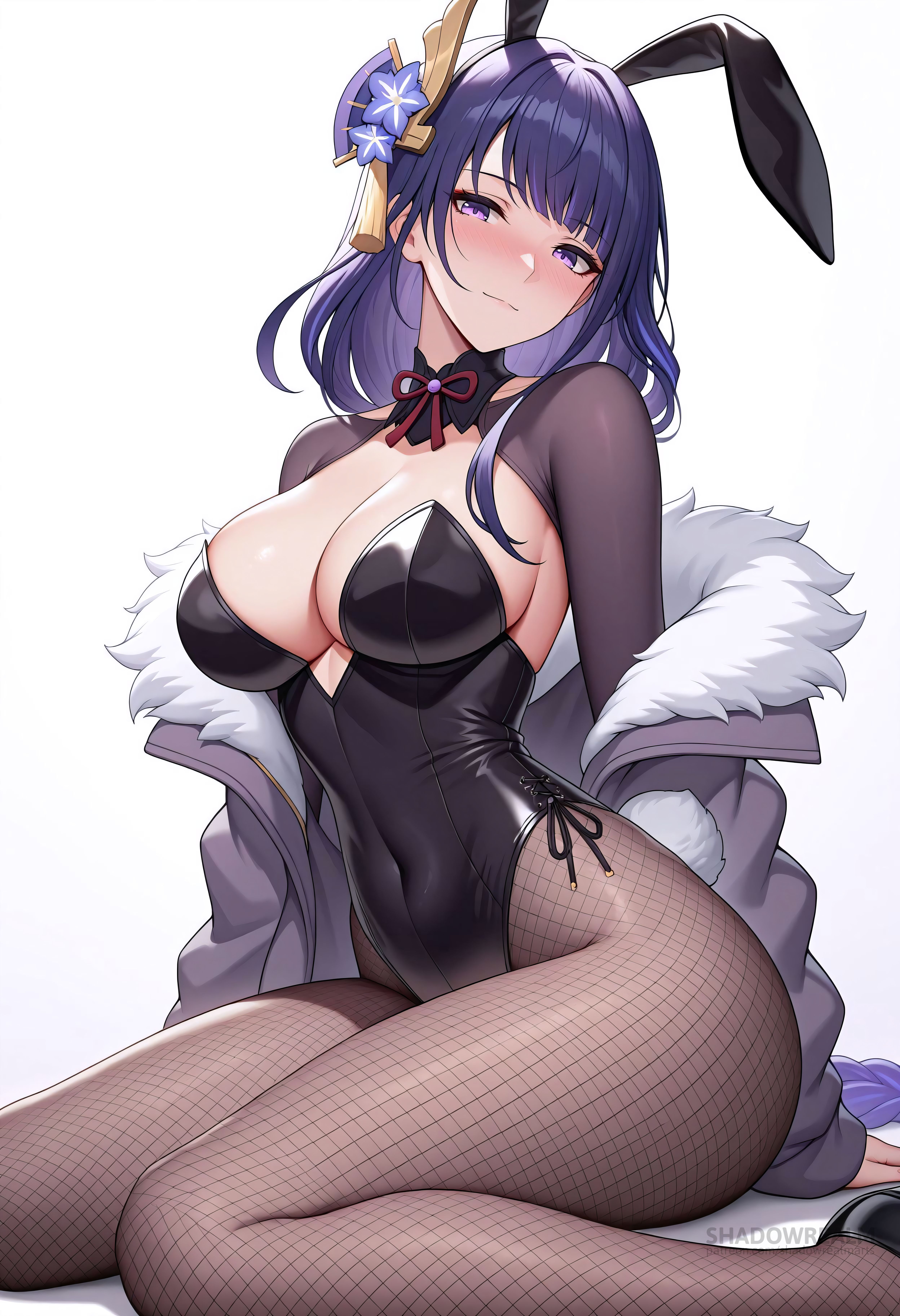 ai generated, alternate costume, animal ears, black leotard, blush, braid, braided ponytail, breasts, cleavage, closed mouth, covered navel, detached collar, fake animal ears, fake tail, female, fishnet pantyhose, fishnets, flower, fur trim, fur-trimmed jacket, genshin impact, hair ornament, highleg, highleg leotard, jacket, large breasts, leotard, long hair, long sleeves, looking at viewer, mole, mole under eye, off shoulder, pantyhose, playboy bunny, purple eyes, purple hair, rabbit ears, rabbit tail, raiden shogun, shadowrealmarts, simple background, sitting, solo, strapless leotard, tail, thighs, uncensored, wariza, white background