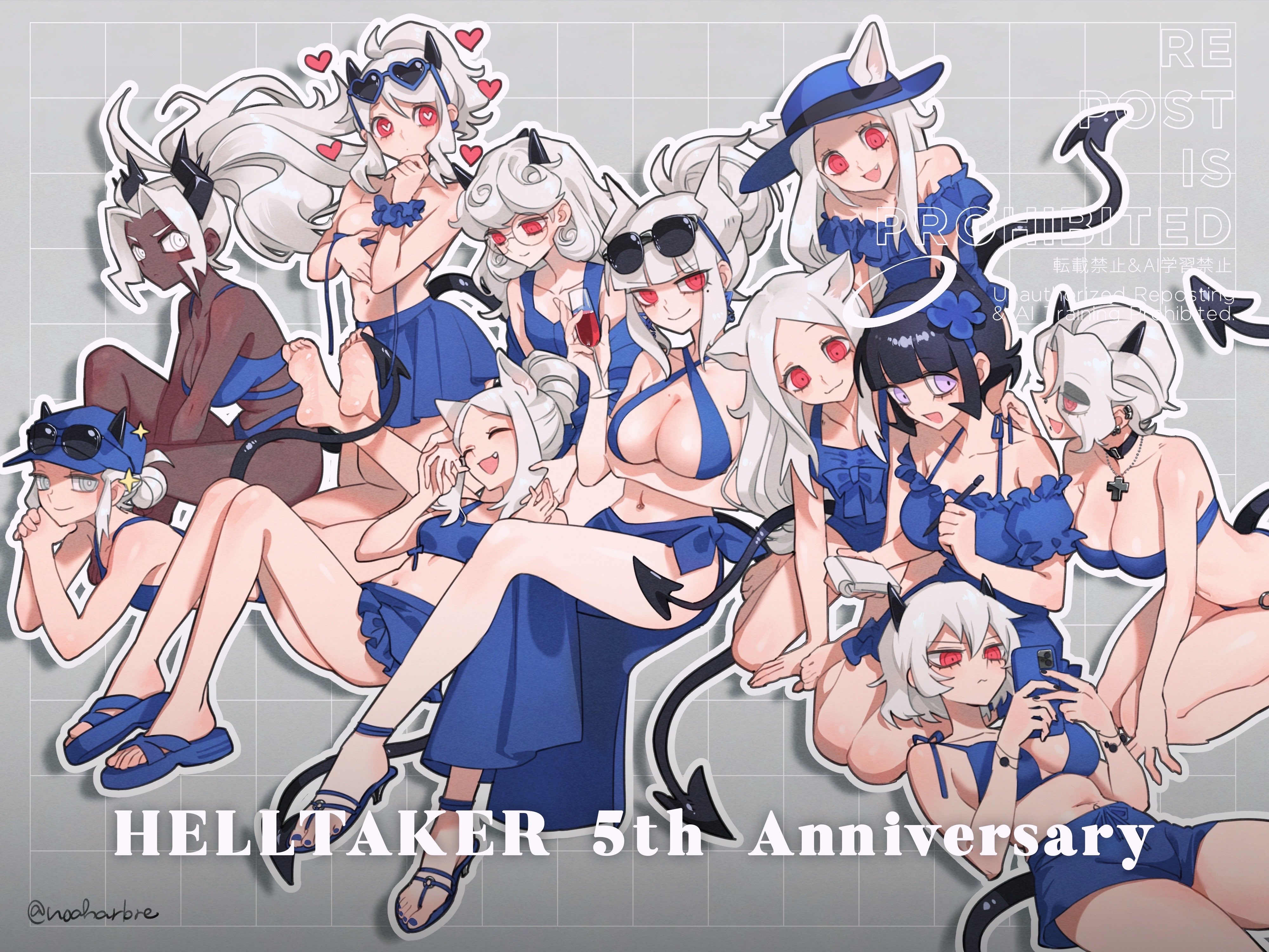 11girls, angel, angel girl, azazel (helltaker), bikini, cellphone, cerberus (helltaker), dark skin, dark-skinned female, demon, demon girl, demon horns, demon tail, female, helltaker, judgement (helltaker), justice (helltaker), lucifer (helltaker), malina (helltaker), modeus (helltaker), multiple females, multiple girls, noah (tettsui-sole), noaharbre, pandemonica (helltaker), red eyes, tagme, tail, white hair, zdrada (helltaker)