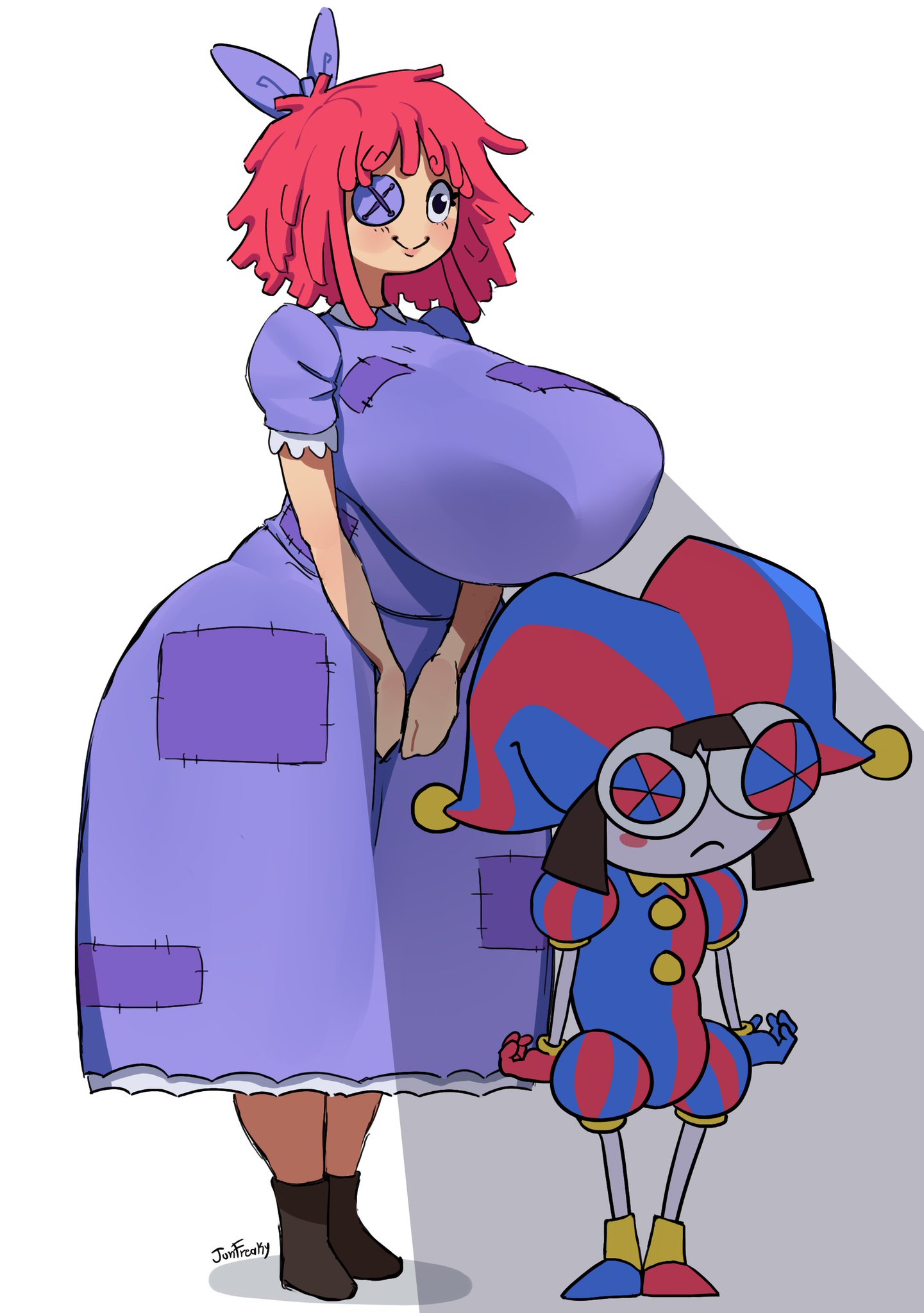 2girls, bare arms, bare legs, bare thighs, big breasts, breasts, breasts bigger than head, brown hair, clothed, clothing, color, doll, female, female focus, female only, hi res, jester, jester hat, junfreaky, large breasts, light skin, light-skinned female, massive breasts, pomni (the amazing digital circus), ragatha (the amazing digital circus), red hair, short hair, tagme, the amazing digital circus, thick thighs