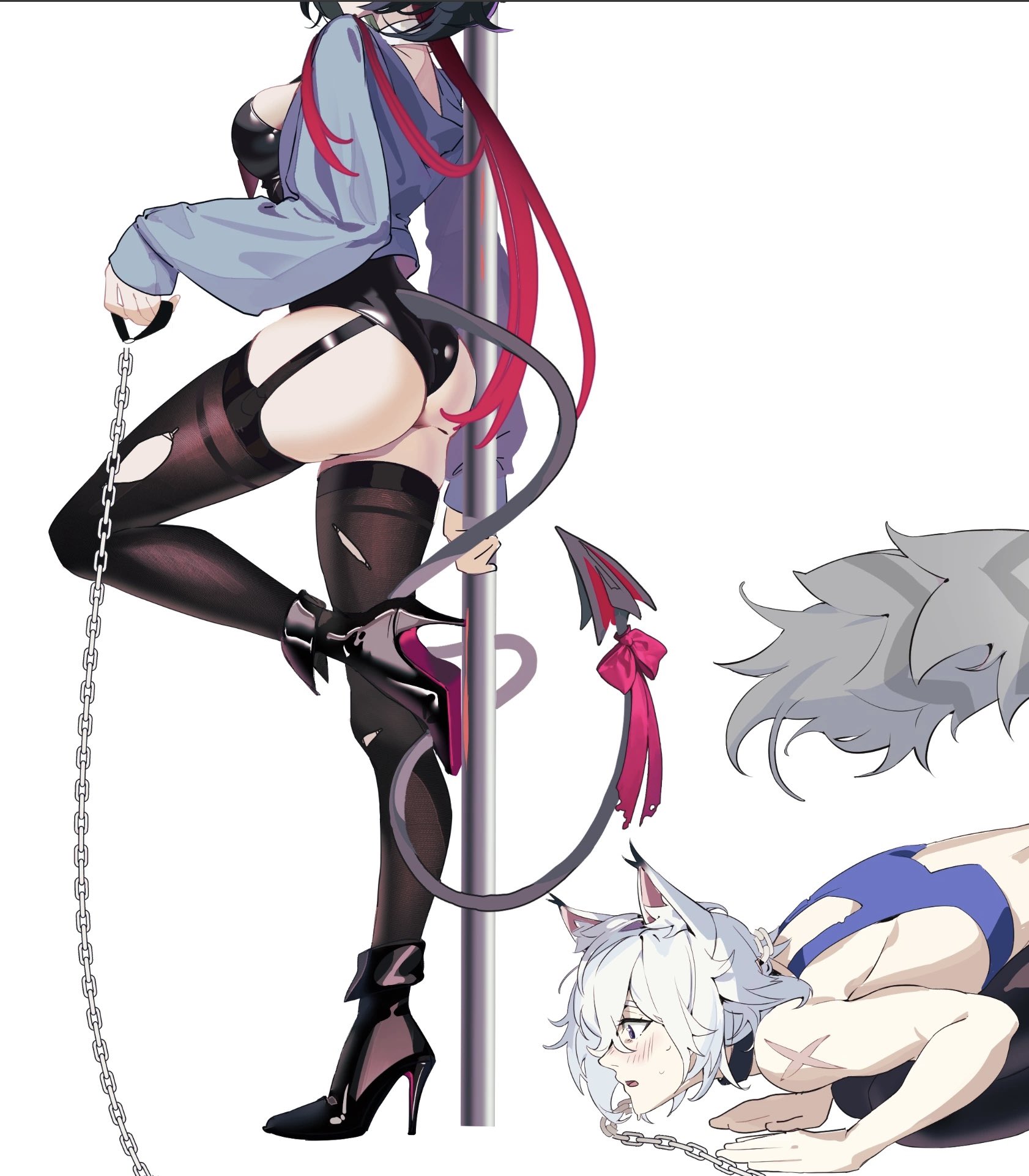 1boy, 1girls, ass, big ass, cat boy, cat ears, cat tail, catboy, chains, clothed, dominant female, dominatrix, female, heels, high heels, jane doe (zenless zone zero), louboutin (shoes), male, panties, rat tail, seth lowell, stiletto heels, stripper, submissive male, zenless zone zero
