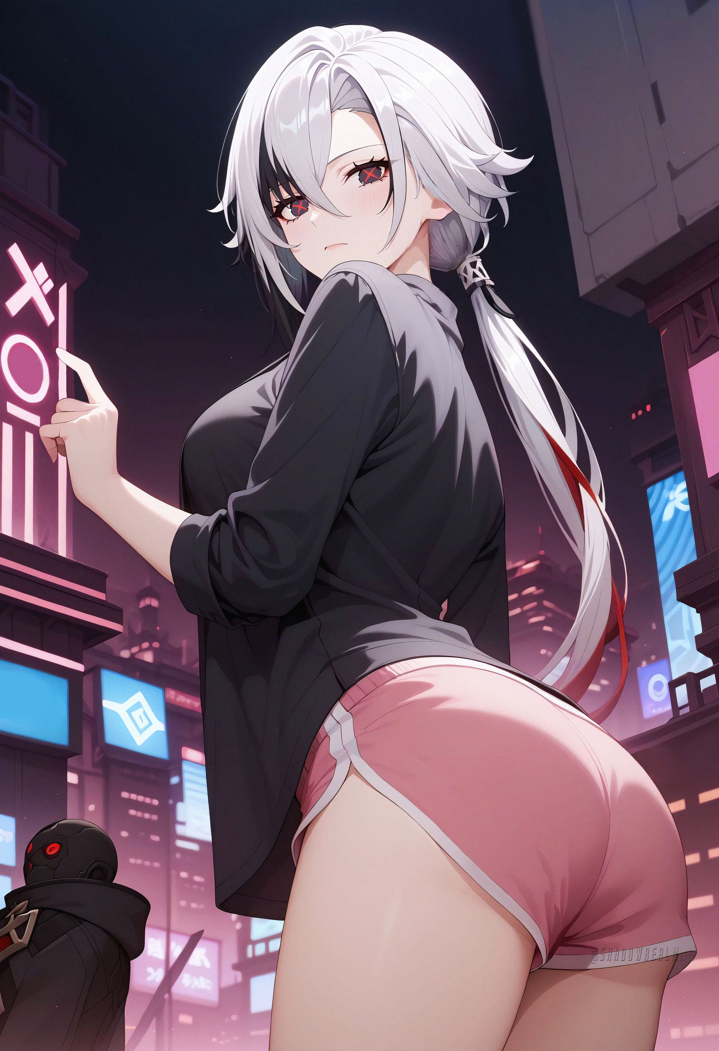 ai generated, alternate costume, arlecchino (genshin impact), ass, black eyes, black hair, black jacket, black shirt, breasts, building, closed mouth, cowboy shot, dolphin shorts, female, from behind, genshin impact, hair between eyes, jacket, large breasts, long hair, long sleeves, looking at viewer, looking back, low ponytail, multicolored hair, night, outdoors, pink shorts, ponytail, red eyes, red pupils, shadowrealmarts, shirt, short shorts, shorts, solo focus, streaked hair, symbol-shaped pupils, thighs, two-tone hair, uncensored, white hair, x-shaped pupils