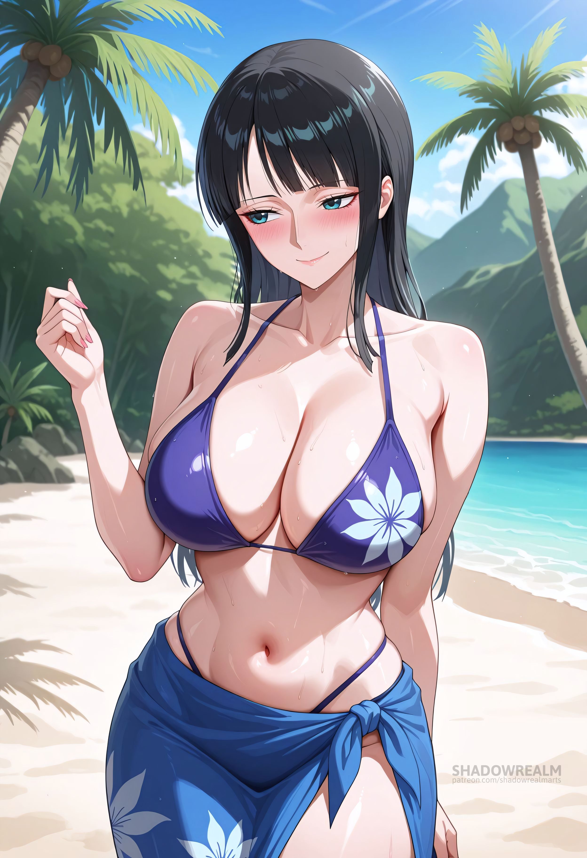 1girls, ai generated, bare shoulders, beach, bikini, black hair, black-haired female, blue bikini, blue eyes, blue sarong, blue sky, blunt bangs, blush, breasts, cleavage, closed mouth, clothing, collarbone, day, female, female only, floral print, hand up, large breasts, long hair, looking to the side, navel, nico robin, ocean, one piece, outdoors, palm tree, sarong, shadowrealmarts, sky, smile, solo, stomach, swimsuit, tree, uncensored, wet