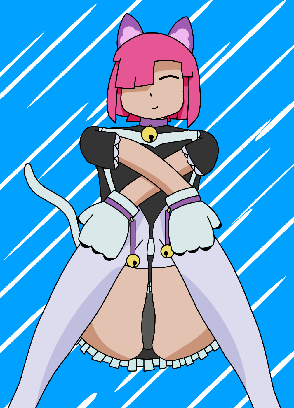 bell bells black_panties closed_eyes colette_(brawl_stars) collar ear maid_uniform panties paws pink_hair pinku_pawlette skirt stockings suit tail through_panties white_stockings
