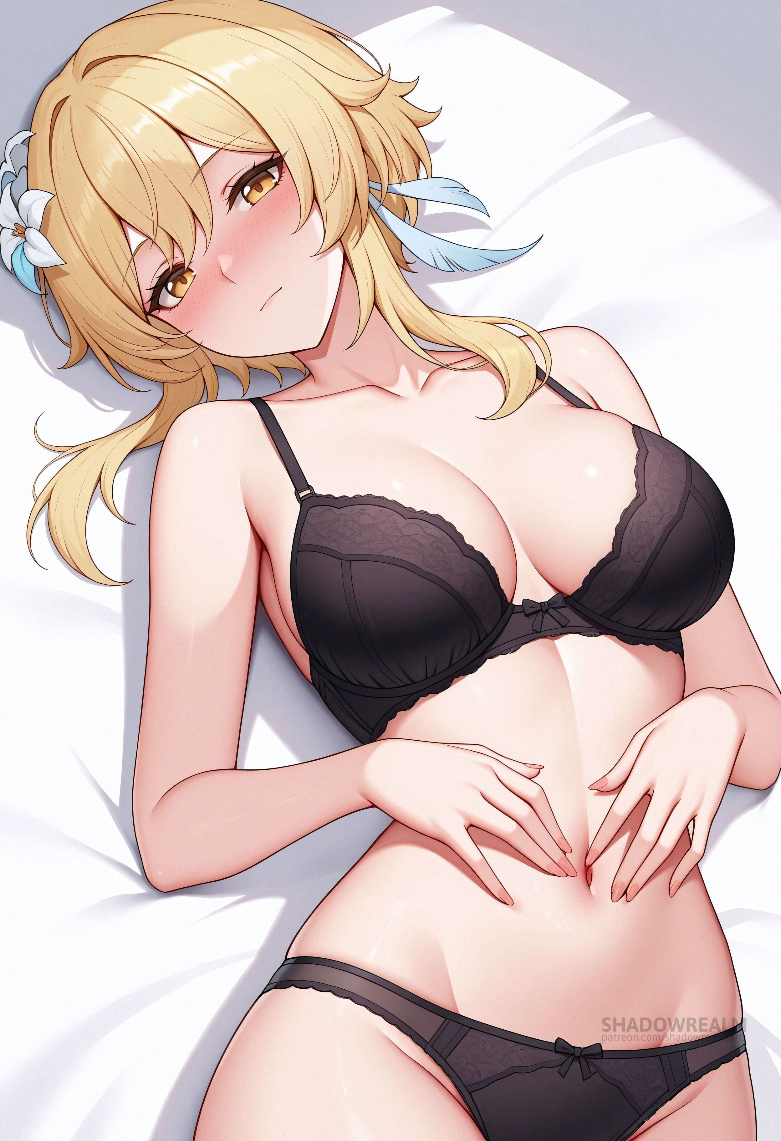 ai generated, bare shoulders, black bra, black panties, blonde hair, blush, bra, breasts, cleavage, closed mouth, collarbone, feather hair ornament, feathers, female, flower, genshin impact, hair between eyes, hair flower, hair ornament, hands on own stomach, large breasts, looking at viewer, lumine (genshin impact), lying, navel, on back, panties, shadowrealmarts, short hair with long locks, solo, stomach, uncensored, underwear, underwear only, white flower, yellow eyes