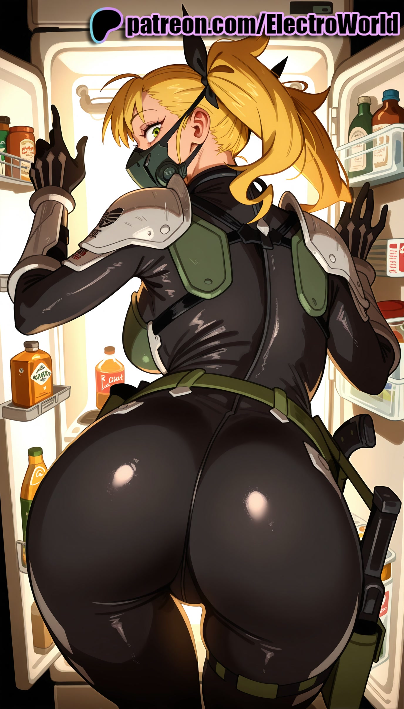 1girls, 2025, ai generated, alcohol, artist name, ass, beer, beer mug, blonde hair, bodysuit, bottle, can, cup, electroworld, female, gas mask, hi res, high quality, high resolution, highres, kaiju no.8, kikoru shinomiya, looking back, mask, mouth mask, patreon, patreon username, solo, stable diffusion, watermark