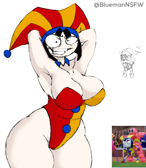armpits arms_behind_head big_breasts big_thighs bluemannsfw breasts glitch_productions gooseworx pomni_(the_amazing_digital_circus) sketch tagme the_amazing_digital_circus thick_thighs white_background
