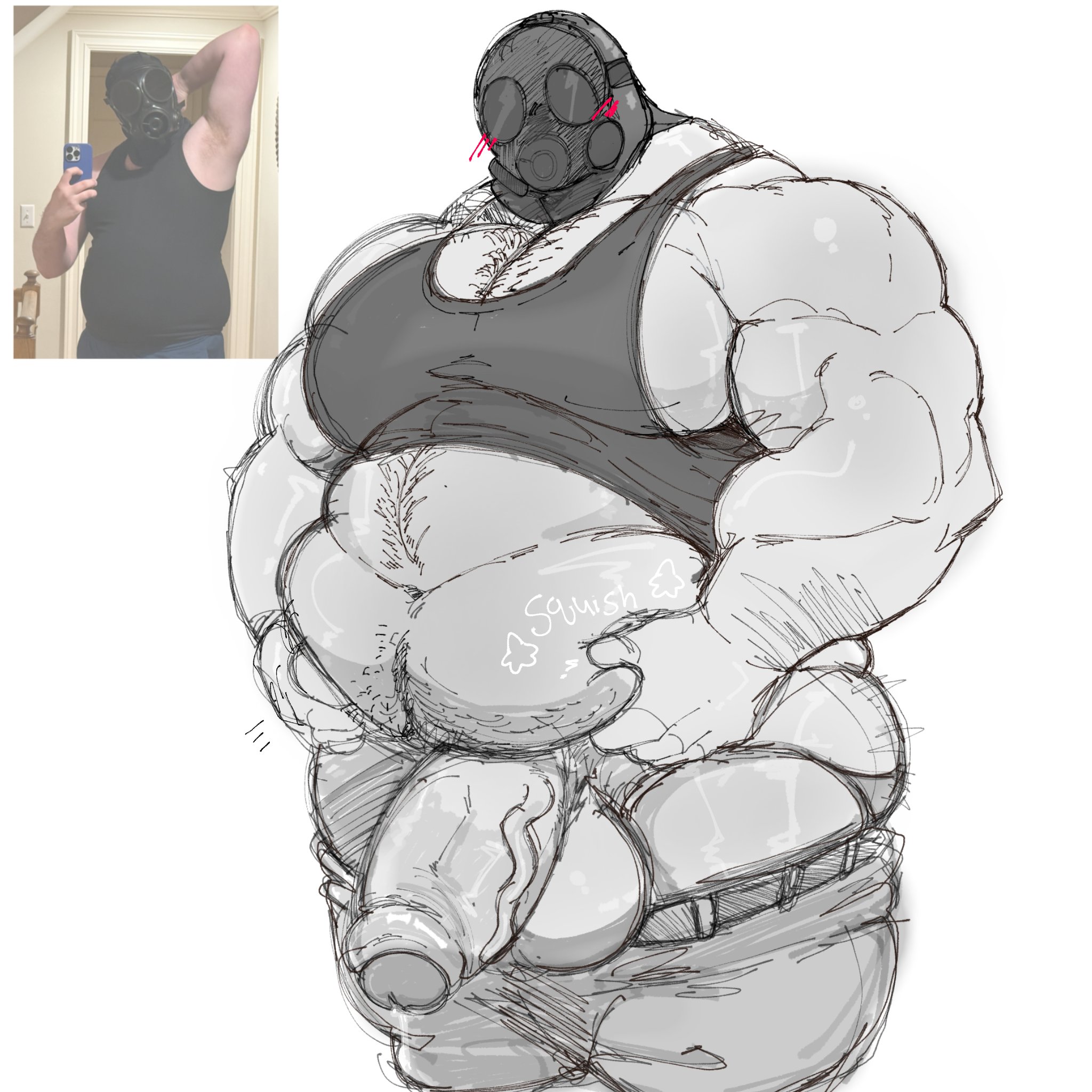 abbamusa410791, balls, bara, big balls, big muscles, big penis, flaccid, gas mask, huge cock, male, male only, mask, monochrome, musclegut, muscles, muscular, pants down, penis, solo, solo male, yaoi