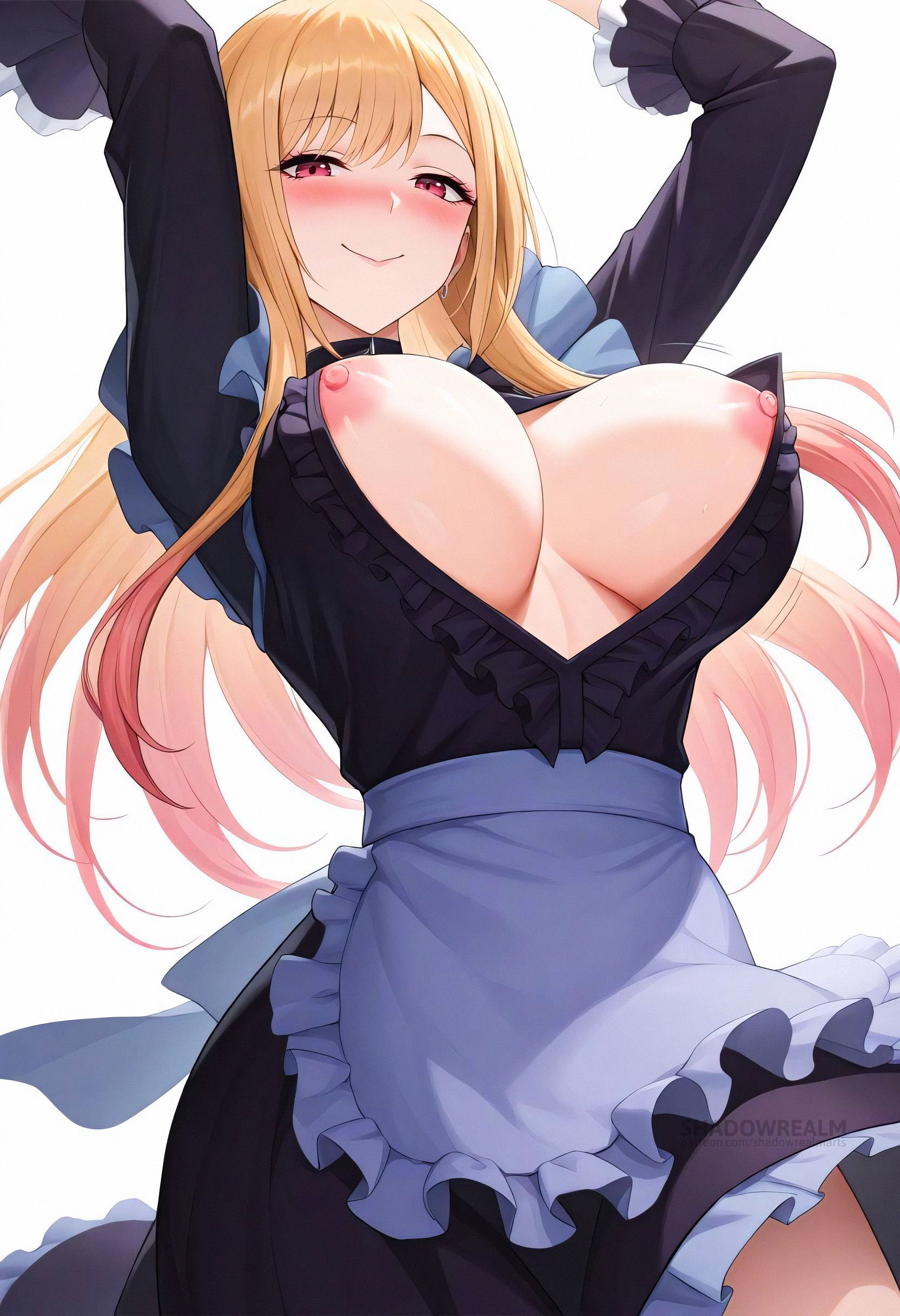 ai generated, apron, arms up, black choker, black dress, blonde hair, blush, breasts, choker, closed mouth, cosplay, dress, ear piercing, earrings, female, frilled apron, frills, gradient hair, jewelry, kitagawa marin, large breasts, long hair, long sleeves, looking at viewer, maid, multicolored hair, nipple slip, nipples, red eyes, shadowrealmarts, simple background, smile, solo, sono bisque doll wa koi wo suru, uncensored, white apron, white background