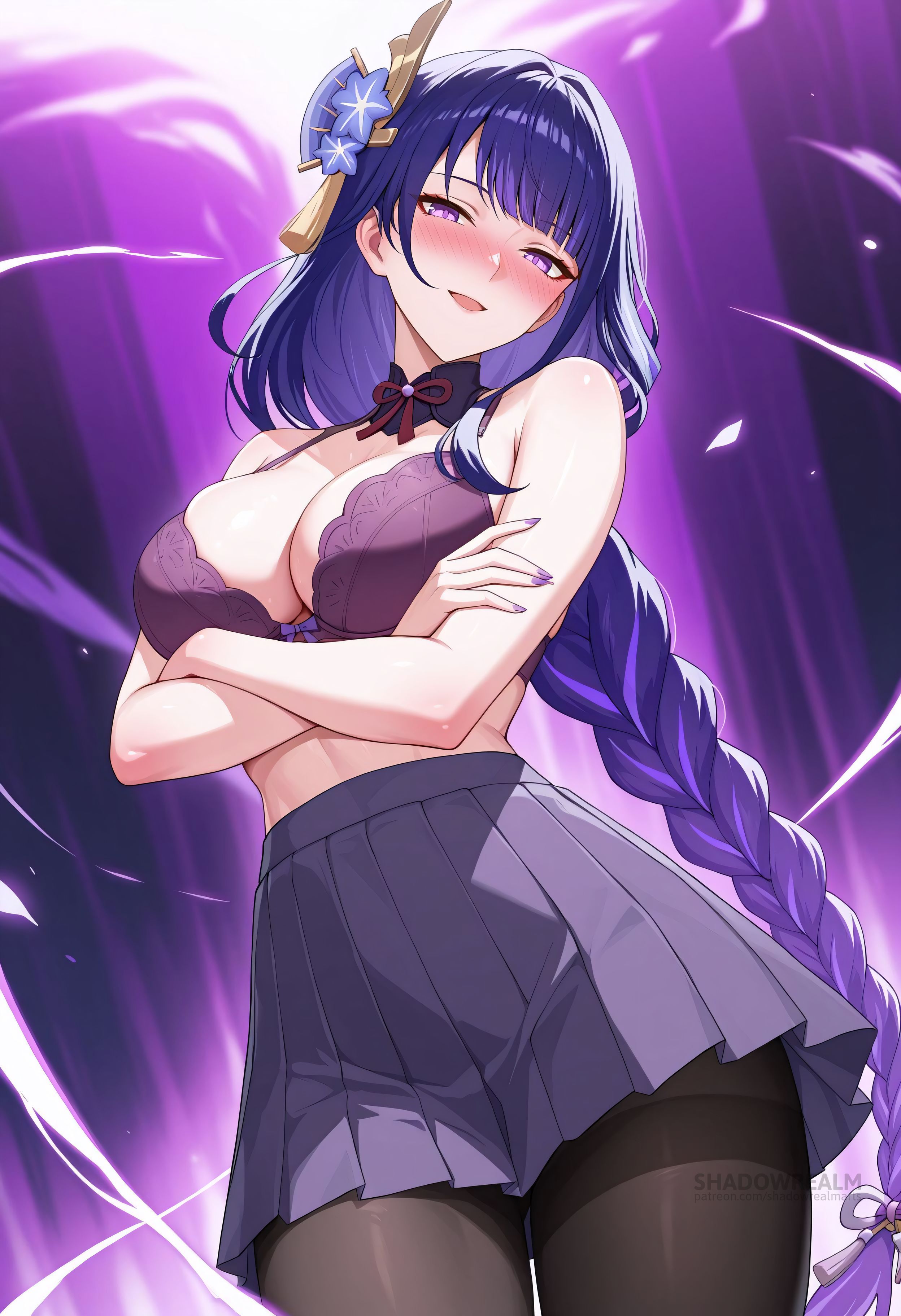 ai generated, bare arms, bare shoulders, black pantyhose, blush, bra, braid, braided ponytail, breasts, cleavage, cowboy shot, crossed arms, female, flower, genshin impact, hair ornament, large breasts, long hair, looking at viewer, mole, mole under eye, nail polish, open mouth, pantyhose, pleated skirt, purple bra, purple eyes, purple hair, purple nails, raiden shogun, shadowrealmarts, skirt, smile, solo, thighband pantyhose, uncensored, underwear, very long hair