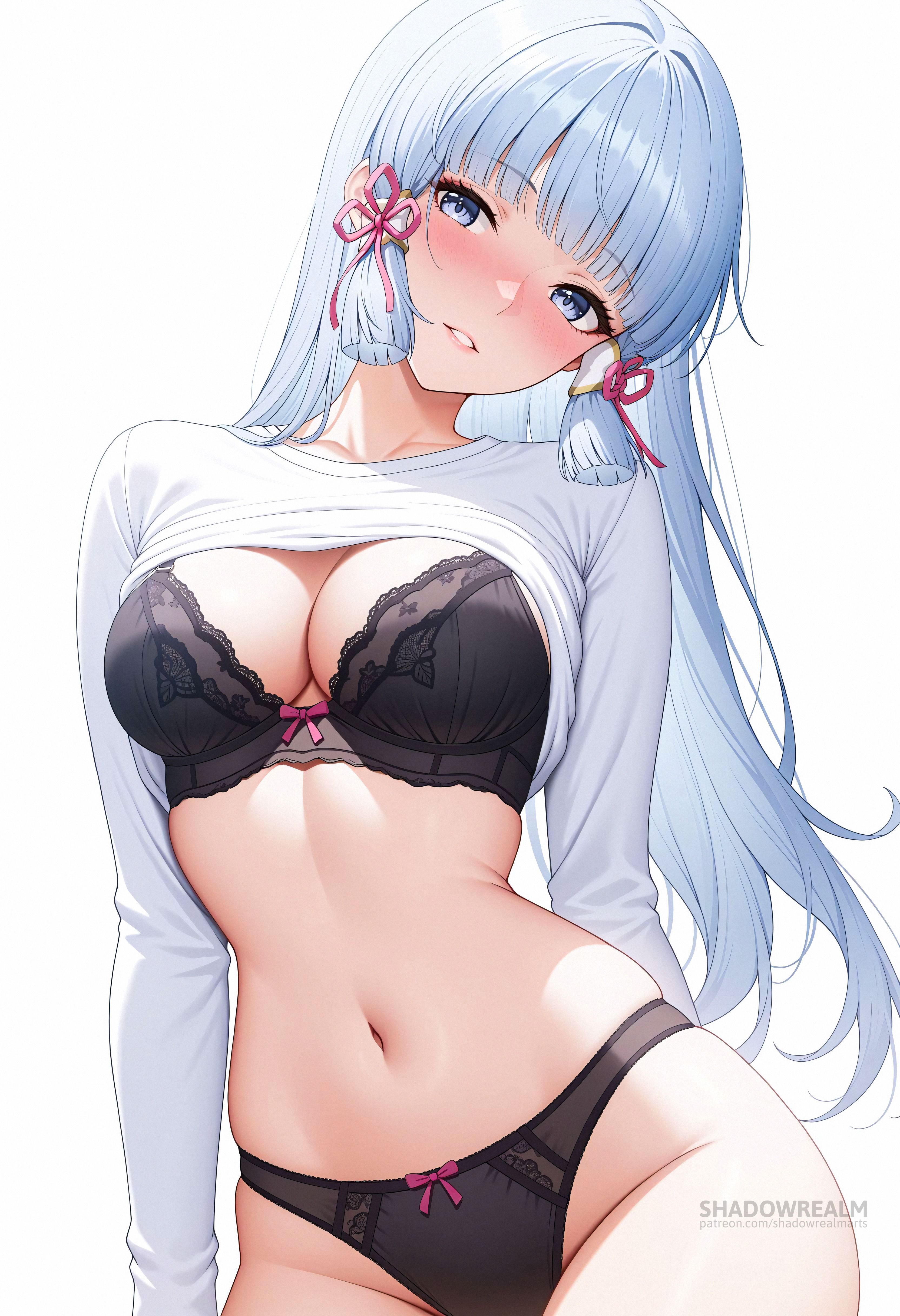 ai generated, artist name, black bra, black panties, blue eyes, blue hair, blunt bangs, blunt tresses, blush, bow, bow bra, bra, breasts, cleavage, clothes lift, female, flower knot, genshin impact, hair ornament, hair ribbon, head tilt, kamisato ayaka, large breasts, light blue hair, long hair, long sleeves, looking at viewer, medium breasts, mole, mole under eye, navel, panties, parted lips, patreon username, ribbon, shadowrealmarts, shirt, shirt lift, simple background, smile, solo, stomach, thighs, tress ribbon, uncensored, underwear, white background, white shirt