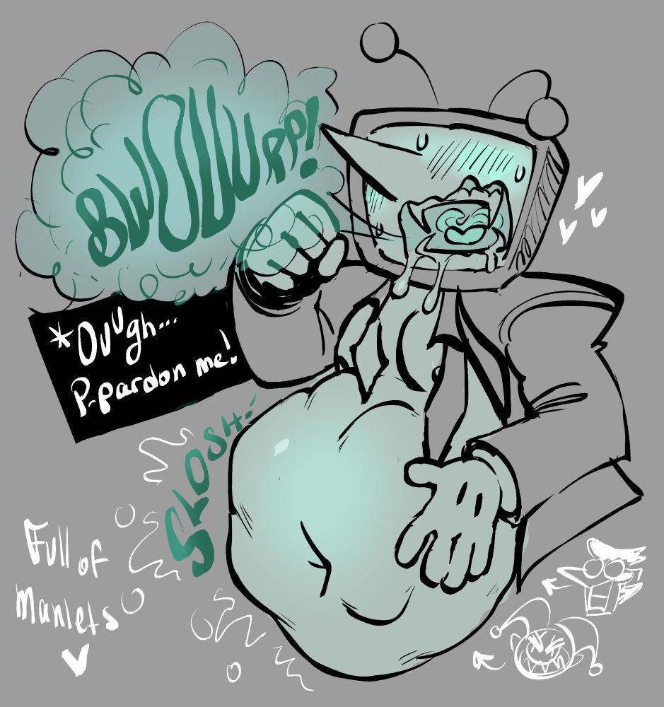 belly bulge, belly noises, big belly, burping, deltarune, deltarune chapter 3, drool, line art, manlet, mawshot, sweat, tenna (deltarune), vore, vore belly