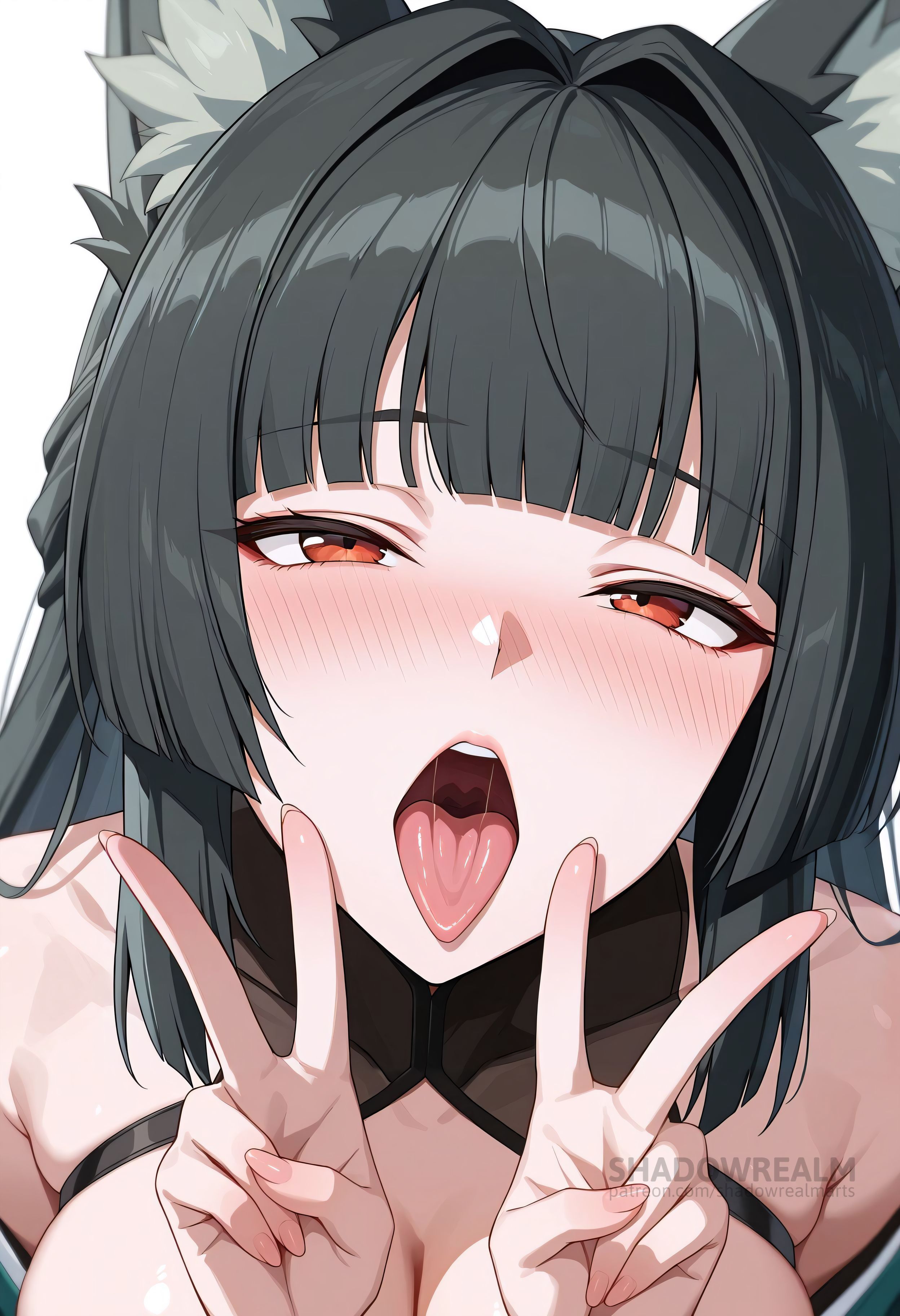 ai generated, animal ear fluff, animal ears, bare shoulders, black hair, blunt bangs, blush, breasts, cleavage, close up, close up face, close up view, close-up, closeup, closeup view, double v, face close up, face close-up, face closeup, face focus, female, fox ears, fox girl, hair intakes, half-closed eyes, hoshimi miyabi, large breasts, long hair, looking at viewer, mouth close up, mouth close-up, mouth closeup, open mouth, open mouth tongue out, open mouth tongue-out, oral invitation, red eyes, shadowrealmarts, simple background, solo, teeth, tongue, tongue out, tongue out open mouth, uncensored, uvula, v, white background, zenless zone zero