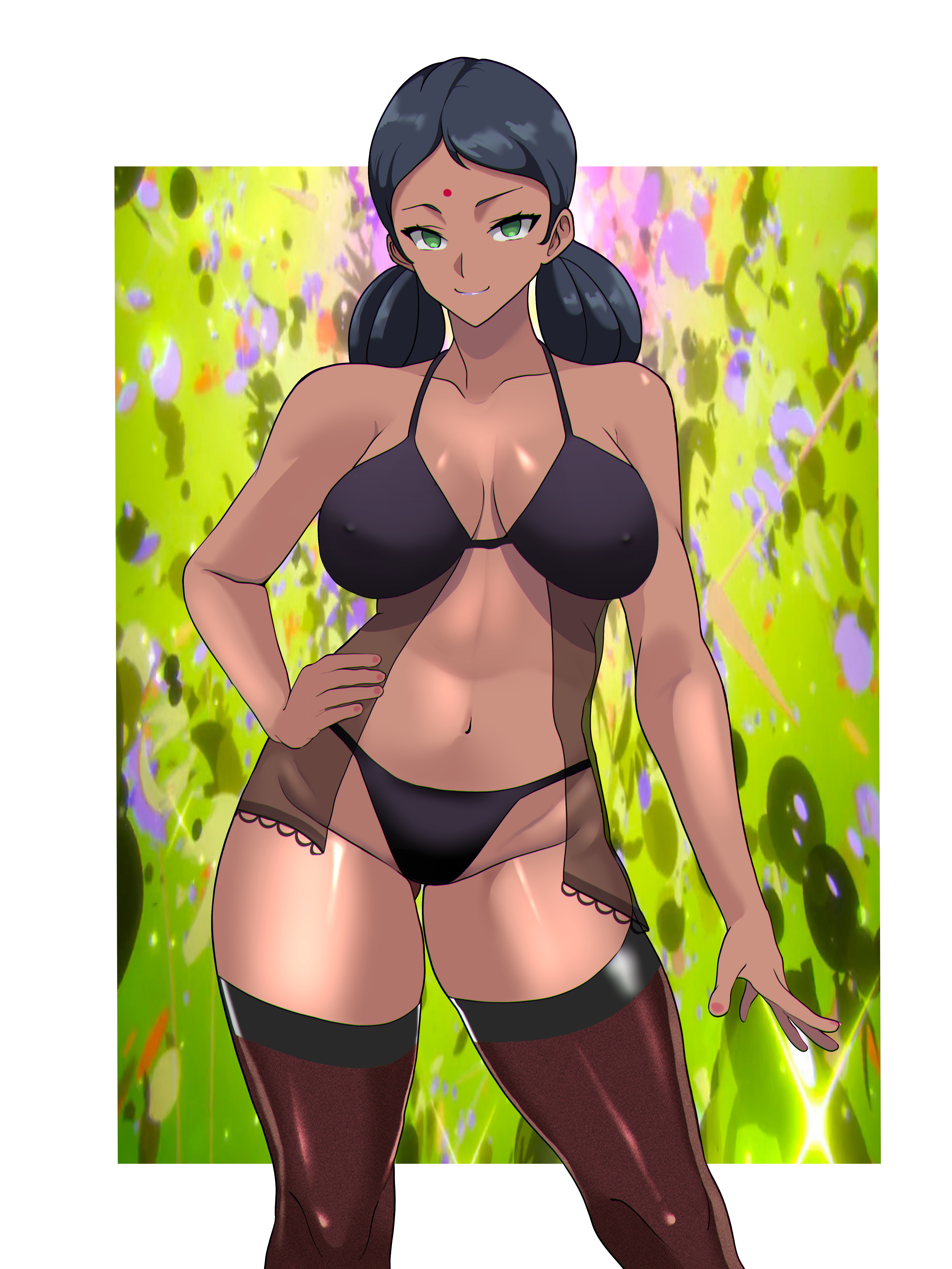 1girls, abstract background, big breasts, bindi, blue eyes, breasts, dark skin, dark-skinned female, female, forehead mark, green eyes, gundam, gundam gquuuuuux, human, human only, indian, indian female, lalah sune, lalah sune (gquuuuuux), lingerie, stockings, tsutoxine (artist), voluptuous, white border