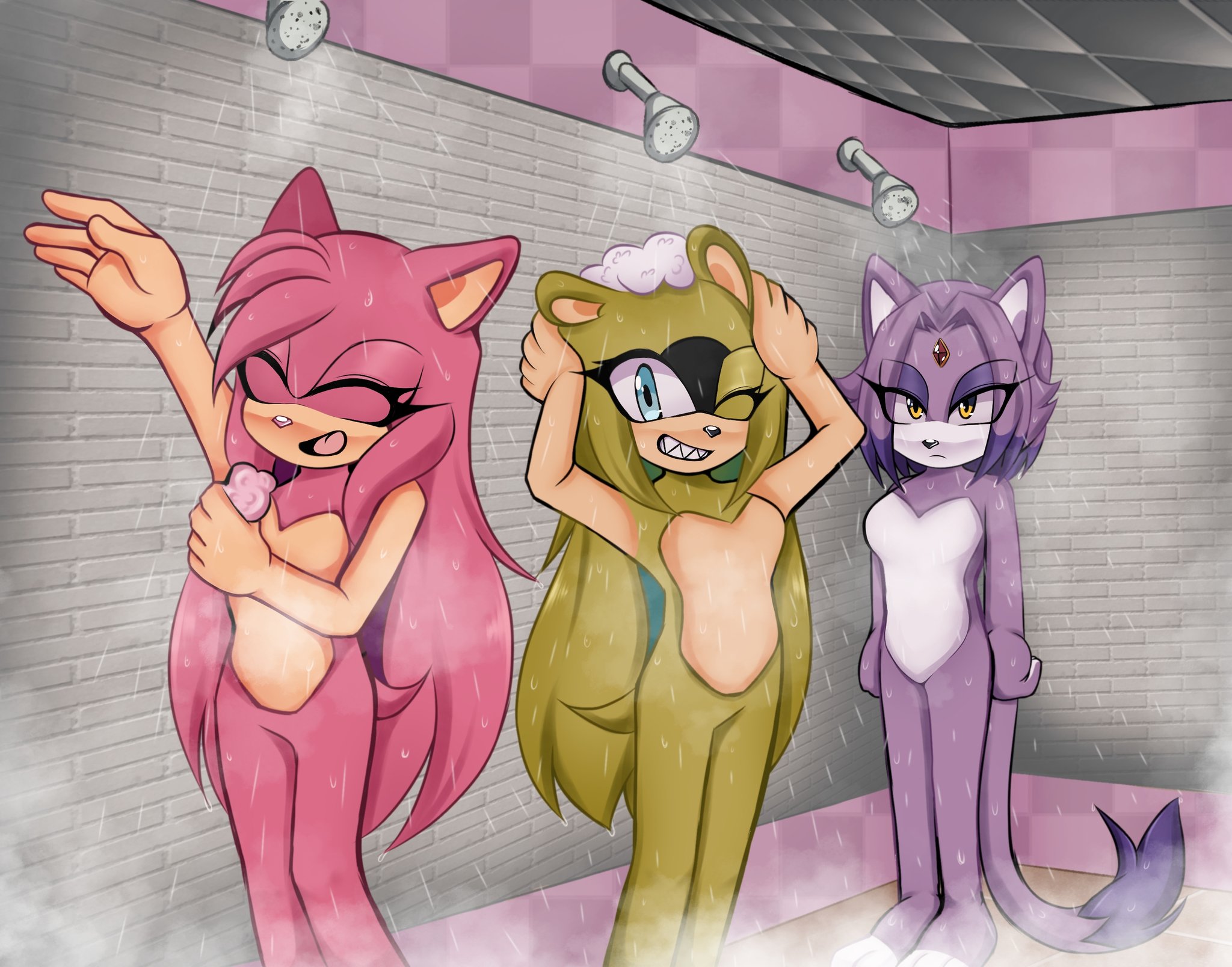 3girls, amy rose, barbie doll anatomy, black fur, blaze the cat, blue eyes, bubbles, closed eyes, commission, female, female focus, female only, forehead jewel, green fur, hair down, no humans, no nipples, nude, nude female, orange eyes, pink fur, purple fur, shampoo, sharp teeth, shower, showering, sonic (series), sonic the hedgehog (idw), sonic the hedgehog (series), surge the tenrec, tail