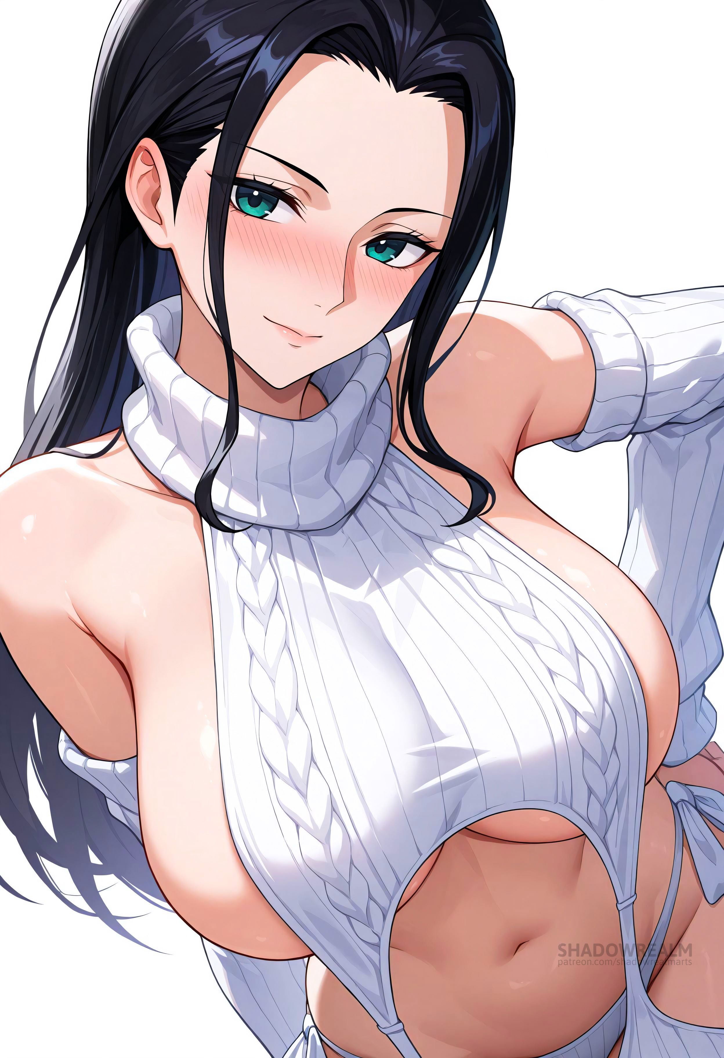 1girls, ai generated, alternate costume, aqua eyes, bare shoulders, black hair, black-haired female, blush, breasts, closed mouth, clothing, detached sleeves, female, female only, forehead, hand on own hip, large breasts, long hair, looking at viewer, meme attire, navel, nico robin, one piece, panties, ribbed sleeves, ribbed sweater, shadowrealmarts, sideboob, simple background, smile, solo, stomach, sweater, turtleneck, turtleneck sweater, uncensored, underwear, virgin destroyer sweater, white background, white panties, white sleeves, white sweater