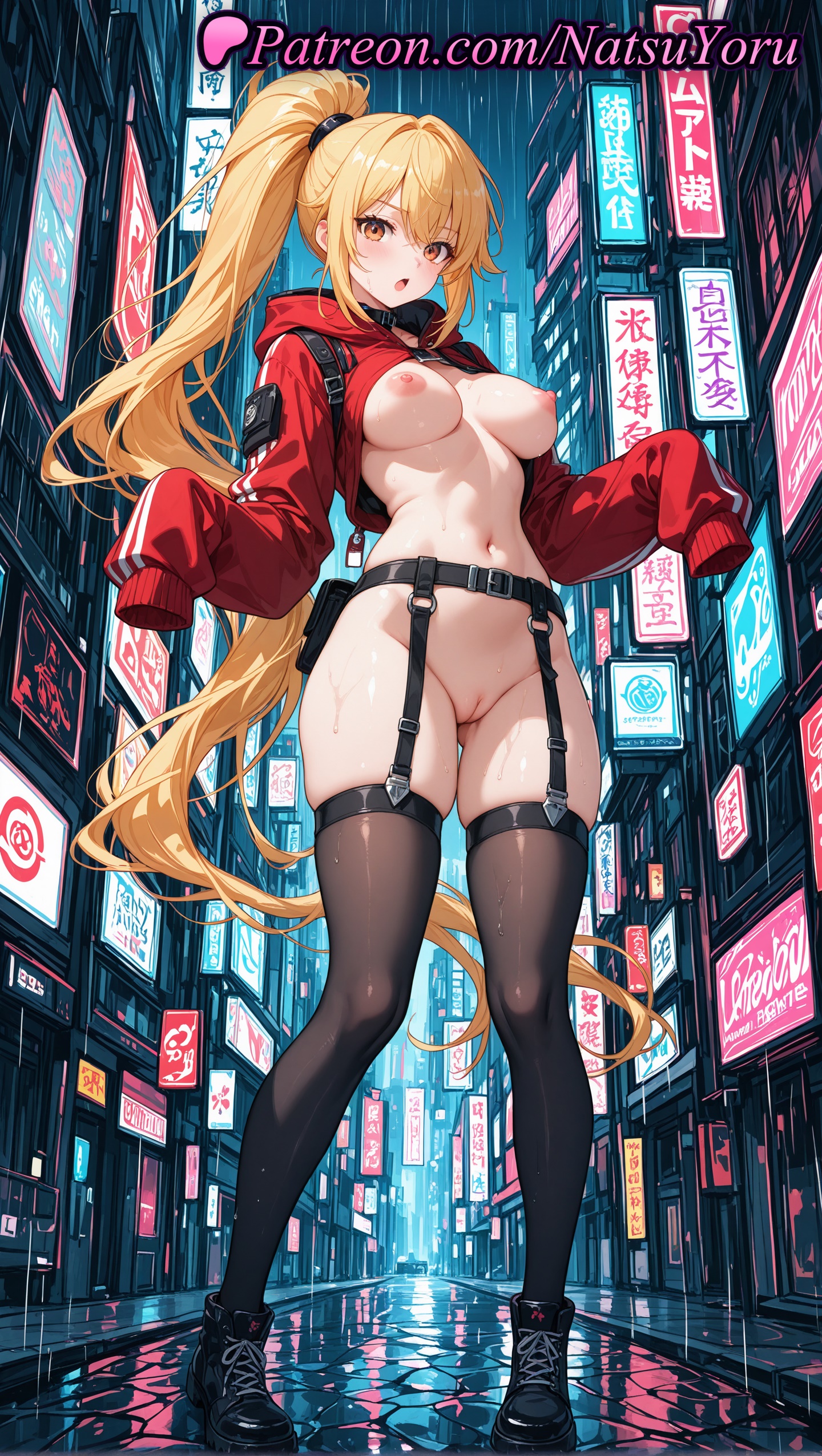 1girls, 2025, ai generated, belt, black footwear, black legwear, black thighhighs, blonde hair, breasts, choker, cleft of venus, clothing, female, footwear, full body, hi res, highres, hood, hoyoverse, large breasts, legwear, long hair, long sleeves, looking at viewer, luciana de montefio, mihoyo, natsuyoru, navel, nipples, open mouth, outdoors, patreon, ponytail, pussy, rain, shoes, shrug (clothing), skindentation, sleeves past fingers, sleeves past wrists, solo, standing, stockings, stomach, thighhighs, thighs, uncensored, vagina, very long hair, voluptuous, voluptuous female, zenless zone zero