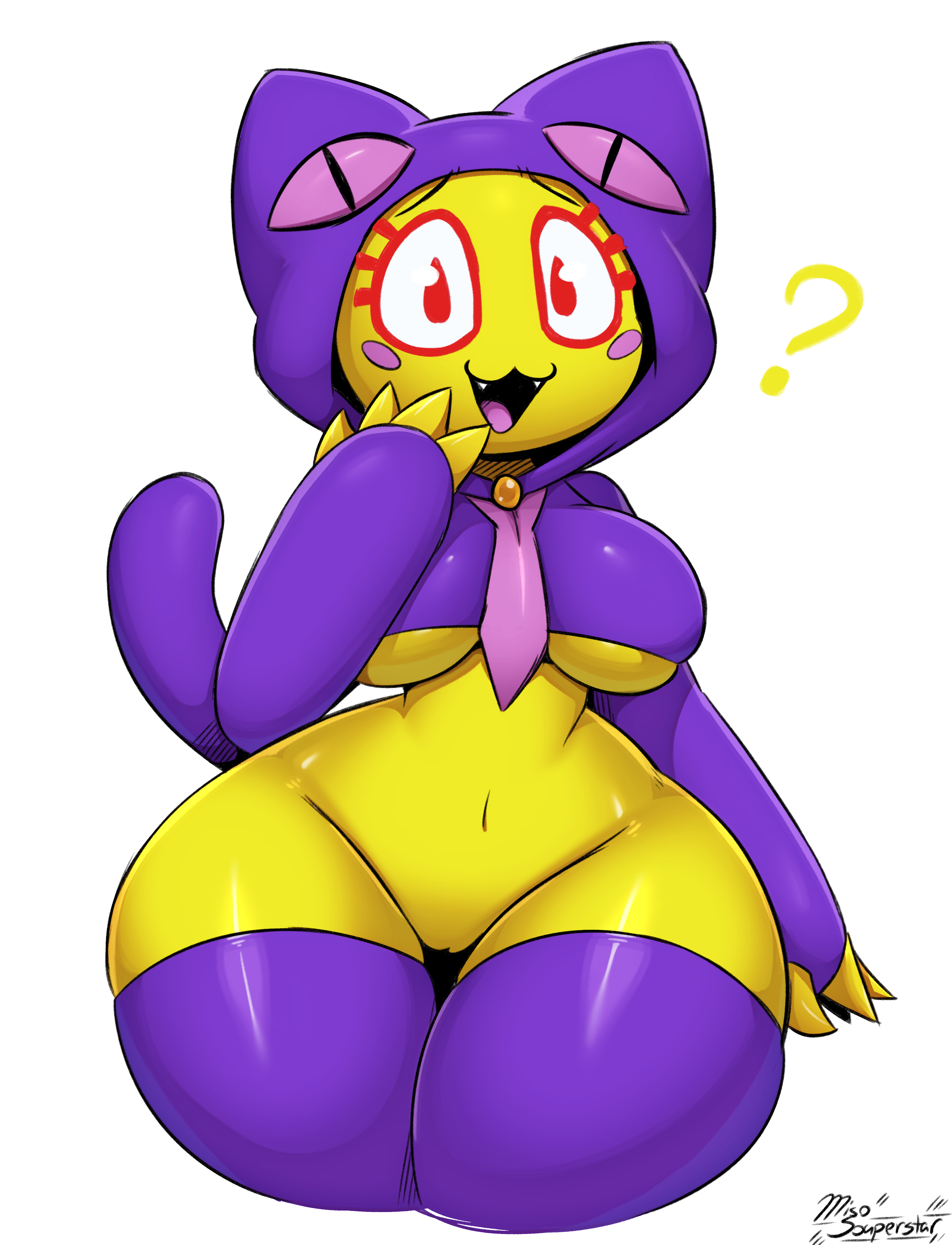 2025, 4 fingers, absurd res, anthro, big breasts, breasts, bust-a-move, claws, clothed, clothing, cute fangs, fangs, felid, feline, female, finger claws, fingers, front view, hi res, huge thighs, legwear, looking at viewer, mammal, miso souperstar, mog (puzzle bobble), necktie, pantsless, pink necktie, purple clothing, purple hood, purple legwear, purple shirt, purple stockings, purple topwear, pussy, puzzle bobble, question mark, red eyes, shirt, simple background, smile, solo, stockings, teeth, thick thighs, topwear, vulva, white background, wide hips, yellow claws