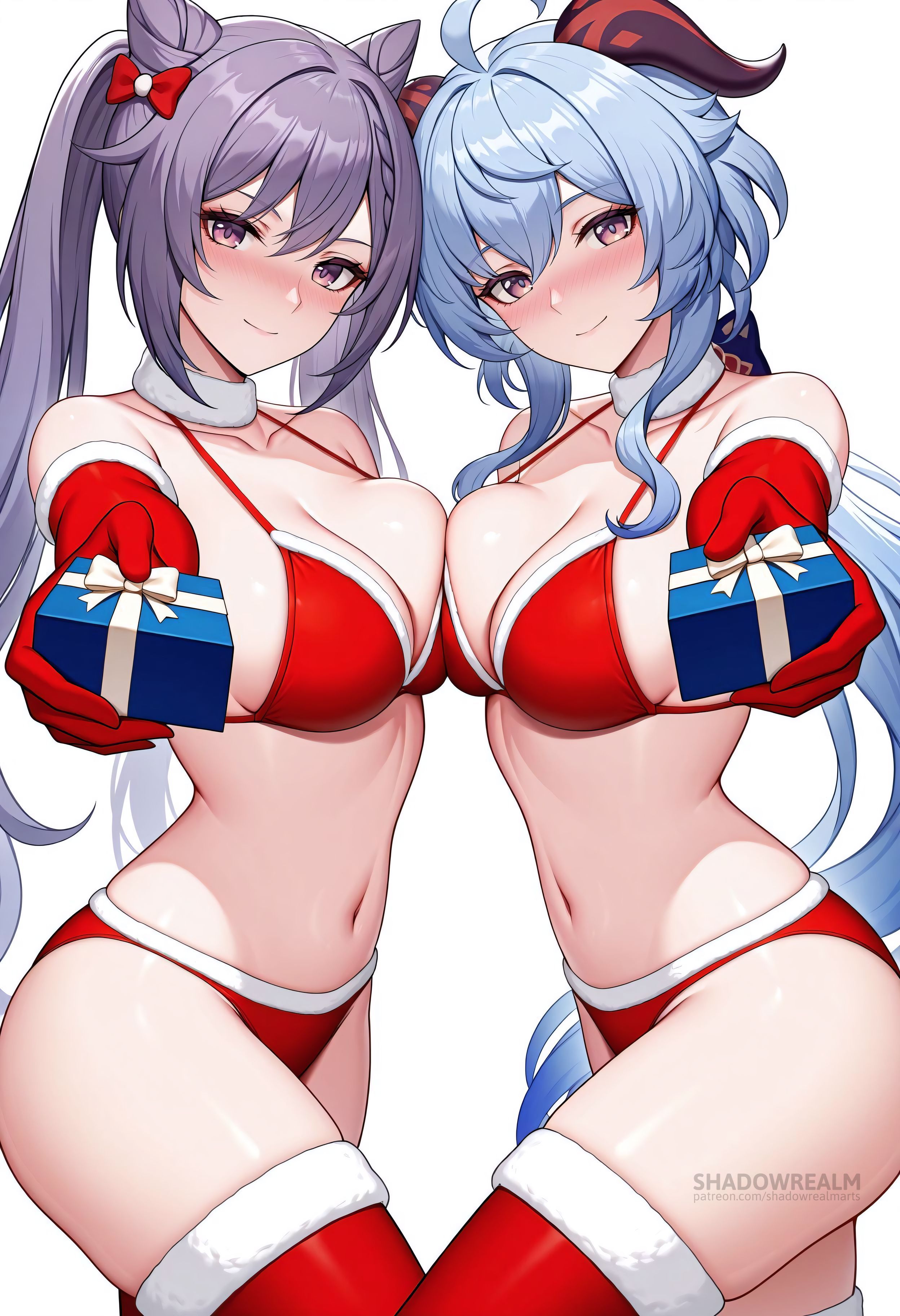 2girls, ahoge, ai generated, alternate costume, asymmetrical docking, bare shoulders, bikini, blue hair, blush, bow, box, breast press, breasts, christmas, cleavage, closed mouth, collarbone, cone hair bun, double bun, elbow gloves, female, fur trim, fur-trimmed bikini, fur-trimmed gloves, ganyu (genshin impact), genshin impact, gift, gift box, gloves, goat horns, hair bun, hairbow, holding, holding gift, horns, keqing (genshin impact), large breasts, long hair, looking at viewer, multiple females, multiple girls, navel, purple eyes, purple hair, red bikini, red gloves, santa bikini, shadowrealmarts, sidelocks, simple background, smile, stomach, swimsuit, symmetrical docking, thighhighs, thighs, twintails, uncensored, white background