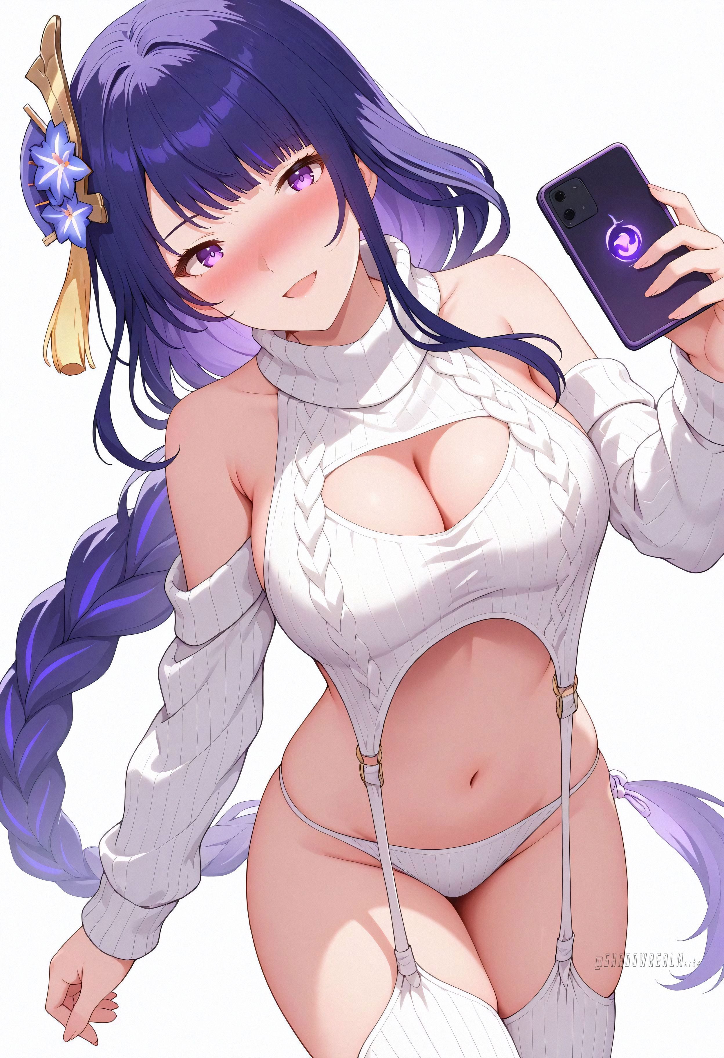 ai generated, alternate costume, bare shoulders, blush, braid, braided ponytail, breasts, cellphone, cleavage, cleavage cutout, clothing cutout, cowboy shot, detached sleeves, female, garter straps, genshin impact, hair ornament, holding, holding phone, large breasts, long hair, long sleeves, looking at viewer, meme attire, mole, mole under eye, navel, open mouth, panties, phone, purple eyes, purple hair, raiden shogun, ribbed sleeves, ribbed thighhighs, shadowrealmarts, simple background, sleeveless sweater, sleeveless turtleneck, smartphone, smile, solo, stomach, sweater, thighhighs, thighs, turtleneck, turtleneck sweater, uncensored, underwear, very long hair, virgin destroyer sweater, white background, white garter straps, white panties, white sweater, white thighhighs