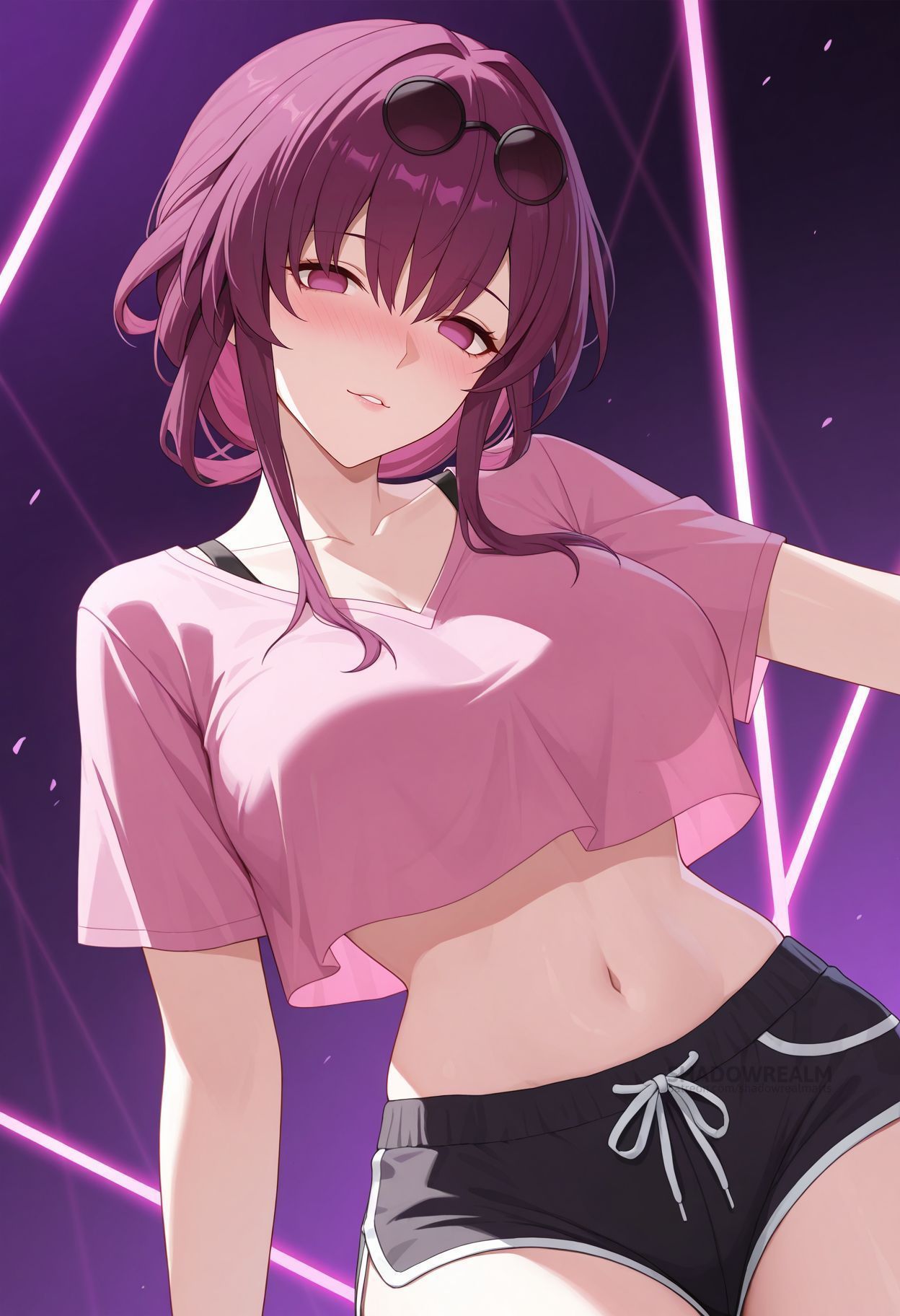 ai generated, alternate costume, black shorts, blush, breasts, collarbone, cowboy shot, crop top, crop top overhang, cropped shirt, dolphin shorts, eyewear on head, female, honkai: star rail, kafka (honkai: star rail), large breasts, long hair, looking at viewer, midriff, navel, parted lips, pink shirt, purple background, purple eyes, purple hair, round eyewear, shadowrealmarts, shirt, short shorts, short sleeves, shorts, sidelocks, smile, solo, stomach, sunglasses, thighs, uncensored