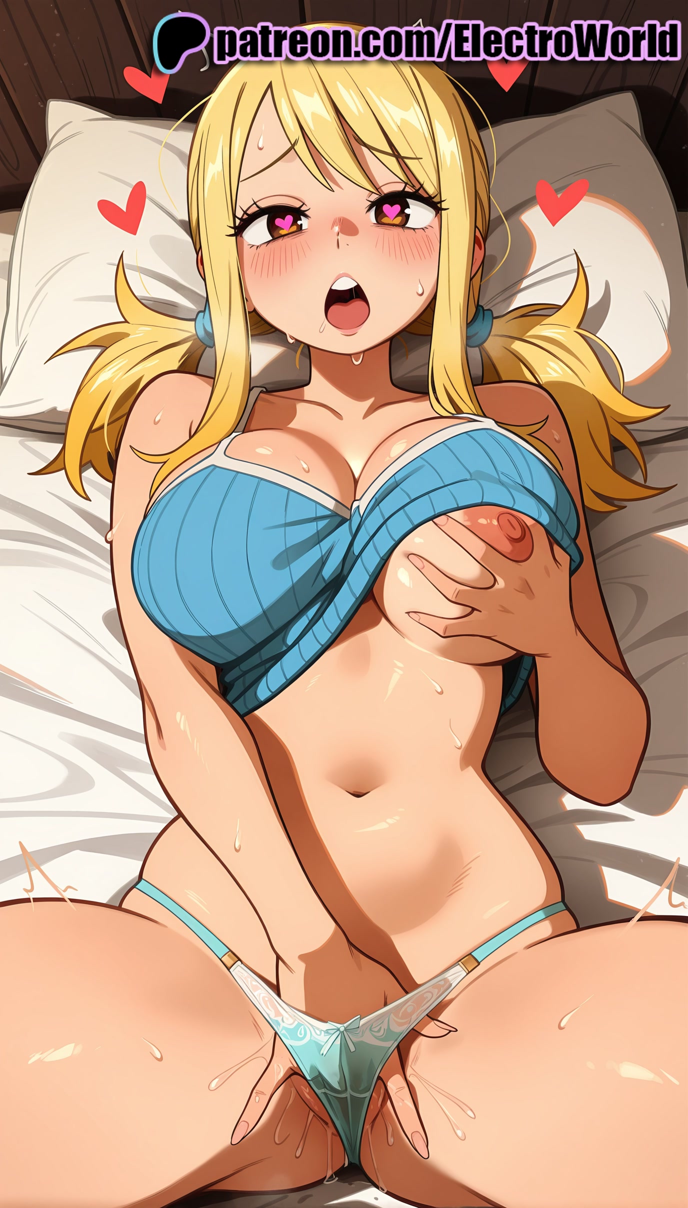 1girls, 2025, ai generated, artist name, bed, bed sheet, big breasts, big chest, blonde hair, blonde-haired female, blush, breasts, bust, busty, chest, electroworld, exposed nipples, fairy tail, female, female masturbation, futon, heart, heart-shaped pupils, hi res, high quality, high resolution, highres, large breasts, laying down, long hair, lucy heartfilia, lying, lying on back, masturbation, navel, nipples, nipples outside, on back, on bed, open mouth, panties, patreon, patreon username, pillow, scrunchie, self fondle, stable diffusion, sweat, symbol-shaped pupils, underwear, watermark
