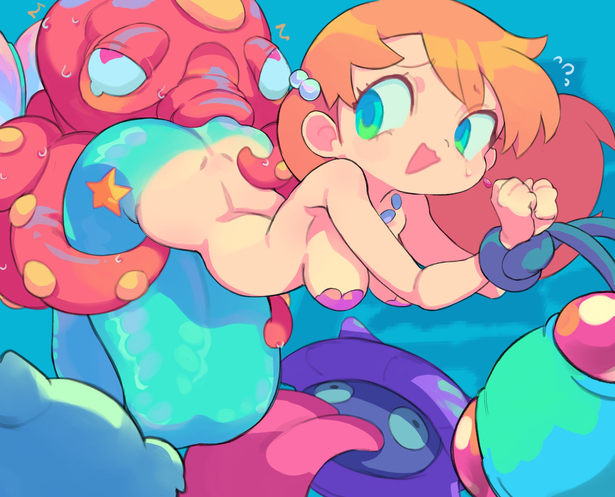 1girls, big breasts, bikini, bound, bound arms, commentary, commission, commissioner upload, female, feral, generation 1 pokemon, generation 2 pokemon, heart, heart-shaped pupils, highres, interspecies, jewelry, kasumi (pokemon), light skin, light-skinned female, long hair, looking back, merfolk, mermaid, mermaid costume, mermaid misty (pokemon), necklace, nintendo, octillery, open mouth, pokemon, pokemon (anime), pokemon (classic anime), pokemon rgby, pokephilia, red hair, shell, shell bikini, star (symbol), starmilk, sweat, swimsuit, symbol-shaped pupils, tentacle, tentacool, tongue, tongue out, twitter link, underwater, zoophilia