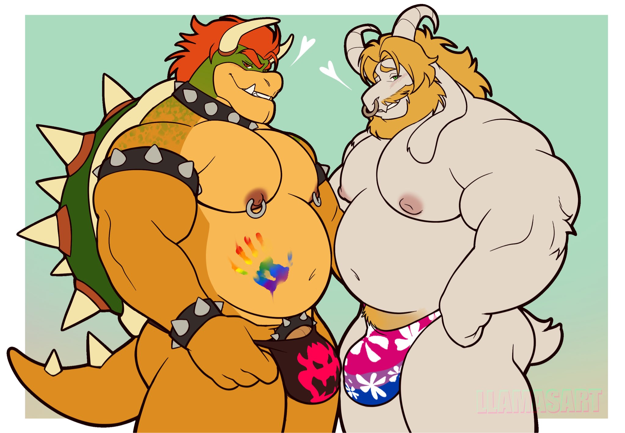 2025, 2boys, accessory, anthro, anthro on anthro, areola, armband, asgore dreemurr, bara, beard, bedroom eyes, belly, biceps, big bulge, big muscles, bisexual pride colors, blue background, bodypaint, border, boss monster (undertale), bovid, bowser, bracelet, bulge, caprine, claws, clothed, clothing, cock ring, collar, duo, eyebrows, facial hair, facial piercing, flaccid, fur, furry, furry male, furry only, gay, genitals, goat, hair, hand print, heart symbol, hi res, horn, huge muscles, jewelry, koopa, lgbt pride, lgbt pride month, llamasart, long hair, looking at viewer, male, male only, male/male, mammal, mario (series), muscles, muscular, muscular anthro, muscular male, narrowed eyes, nintendo, nipple piercing, nipple ring, nipples, non-mammal nipples, nose piercing, nose ring, pecs, penis, penis accessory, penis base, penis jewelry, piercing, pride color bodypaint, pride colors, pubes, rainbow pride colors, red hair, reptile, ring piercing, scalie, seductive, shell, simple background, smile, spiked armband, spiked bracelet, spiked cock ring, spiked collar, spiked shell, spiked tail, spikes, spikes (anatomy), standing, tail, teeth, thick arms, thick thighs, thong, topless, topless anthro, topless male, tuft, undertale, undertale (series), underwear, white border, yaoi