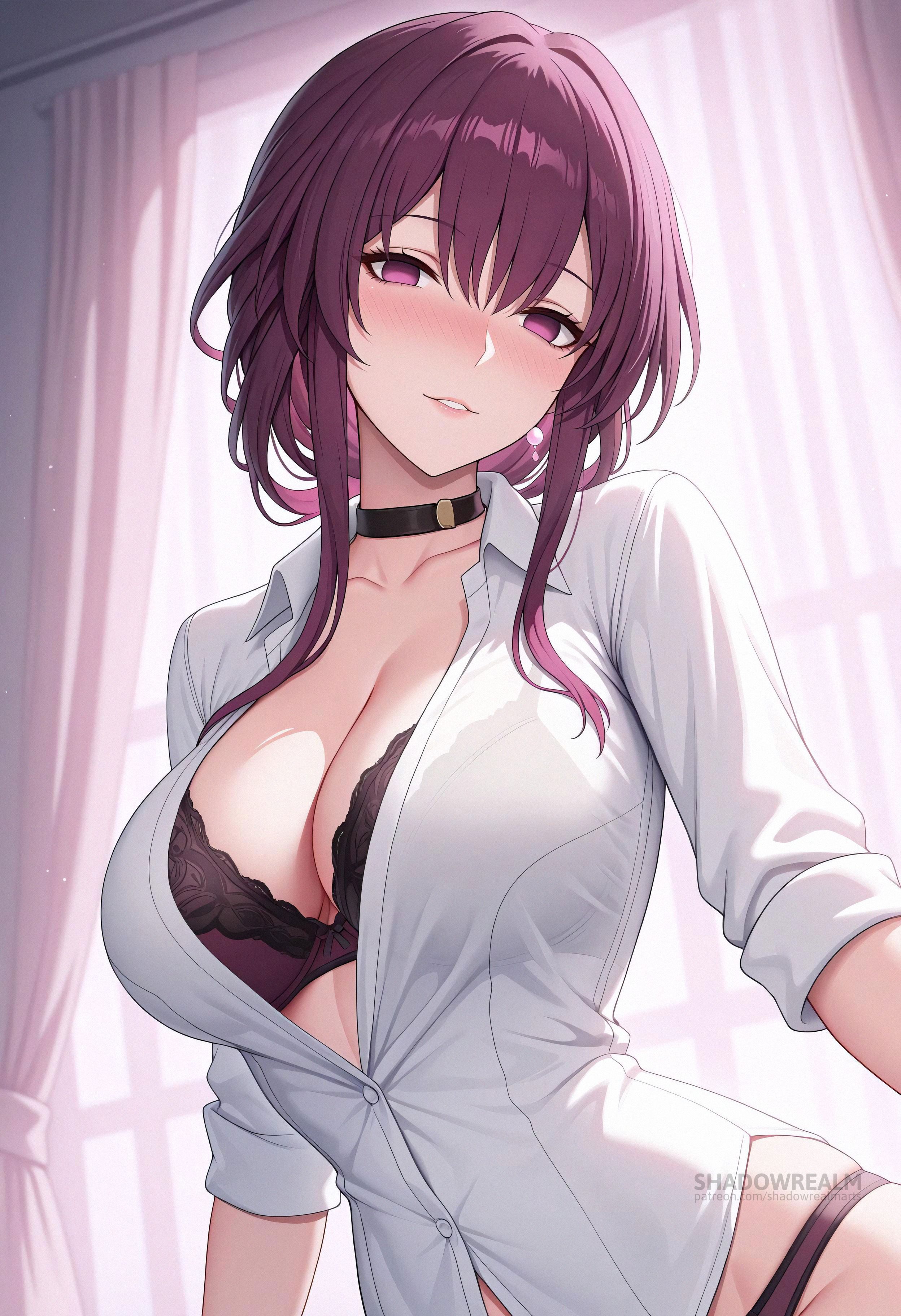 ai generated, black bra, black choker, blush, bra, breasts, choker, cleavage, collarbone, collared shirt, curtains, dress shirt, earrings, female, honkai: star rail, indoors, jewelry, kafka (honkai: star rail), large breasts, long hair, long sleeves, looking at viewer, panties, parted lips, partially unbuttoned, purple bra, purple eyes, purple hair, purple panties, shadowrealmarts, shirt, smile, solo, uncensored, underwear, upper body, white shirt, window