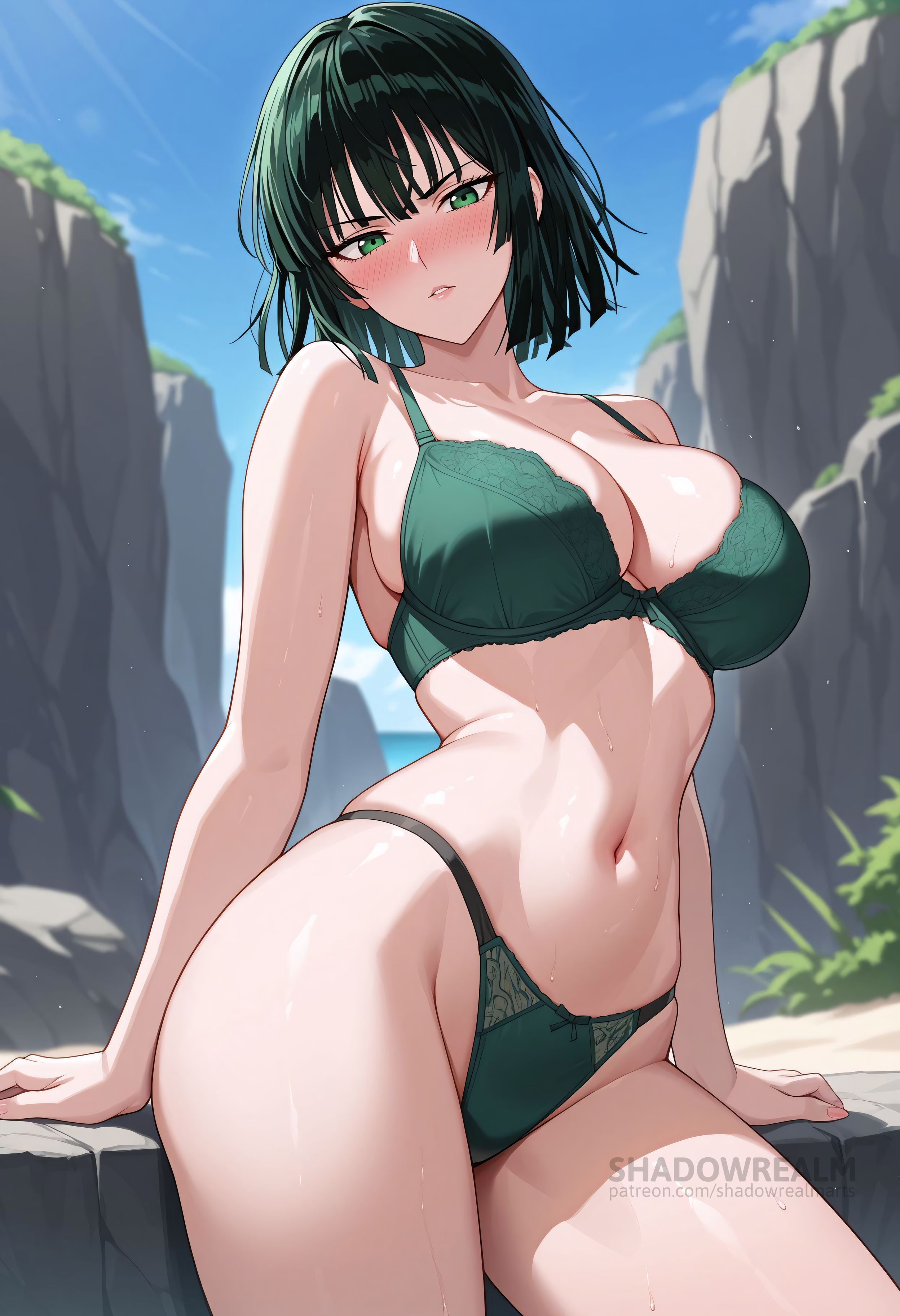 ai generated, arm support, bare shoulders, black hair, blue sky, blush, bra, breasts, cleavage, collarbone, day, female, fubuki (one-punch man), green bra, green eyes, green hair, green panties, large breasts, looking at viewer, navel, one-punch man, outdoors, panties, parted lips, rock, shadowrealmarts, short hair, sitting, sky, solo, stomach, thighs, uncensored, underwear, underwear only, web address