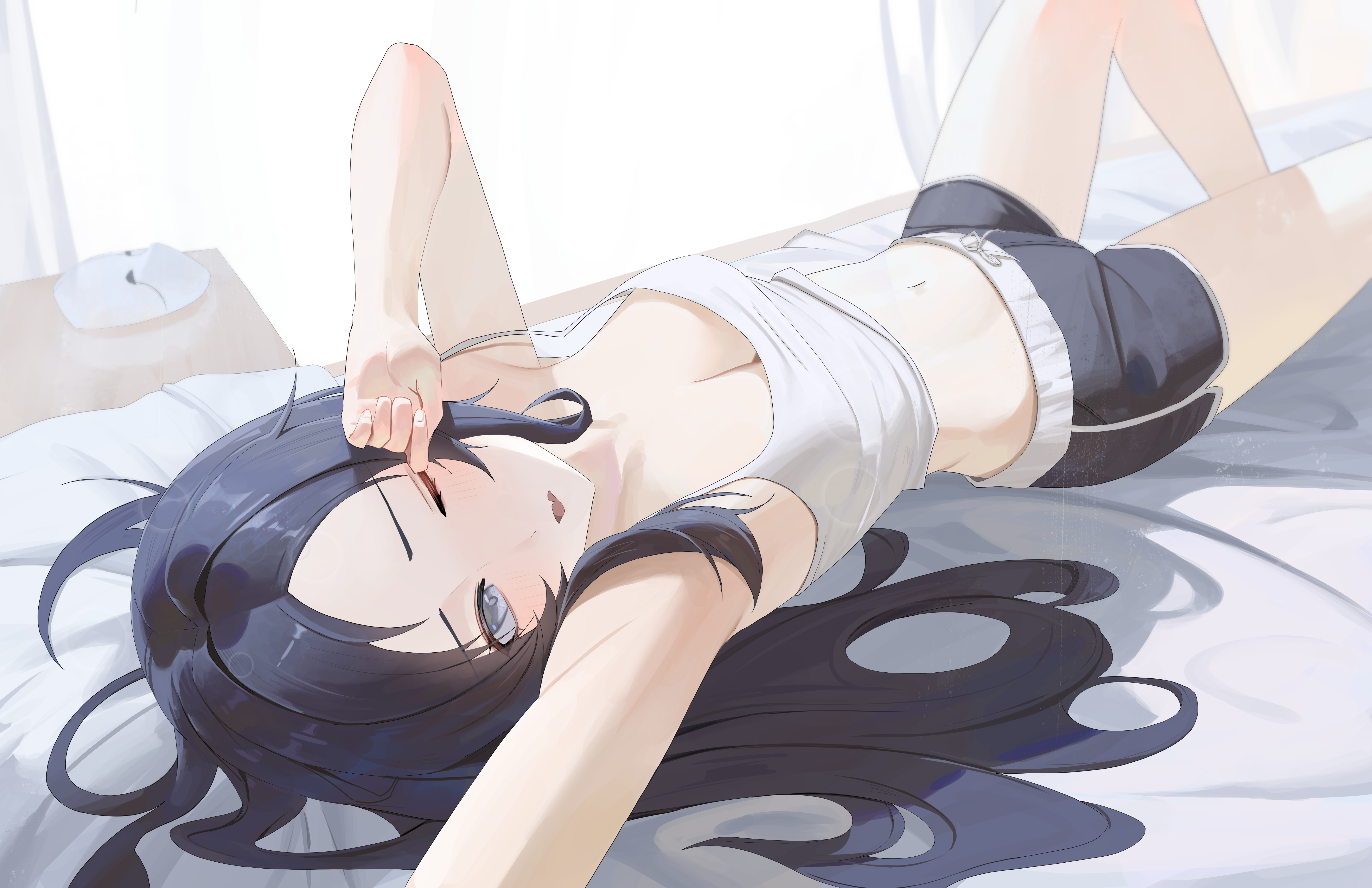 bed, bedroom, big breasts, black shorts, blush, breasts, cleavage, commission, female, grey eyes, midriff, mushoku tensei, mushoku tensei: isekai ittara honki dasu, nanahoshi shizuka, rubbing eyes, skin fang, stretching, toned stomach, tummy, white shirt