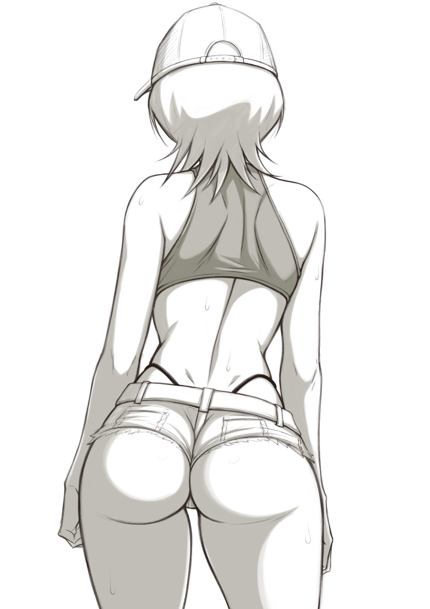 1girls, ass, ass focus, back, back view, bleach, blushing, cap, crop top, denim shorts, female, female only, kuchiki rukia, mistowing, monochrome, short hair, shorts, skimpy bikini, skimpy clothes, solo, sweat, sweatdrop, sweating, sweaty, thighs, thong, thong bikini, tight clothing