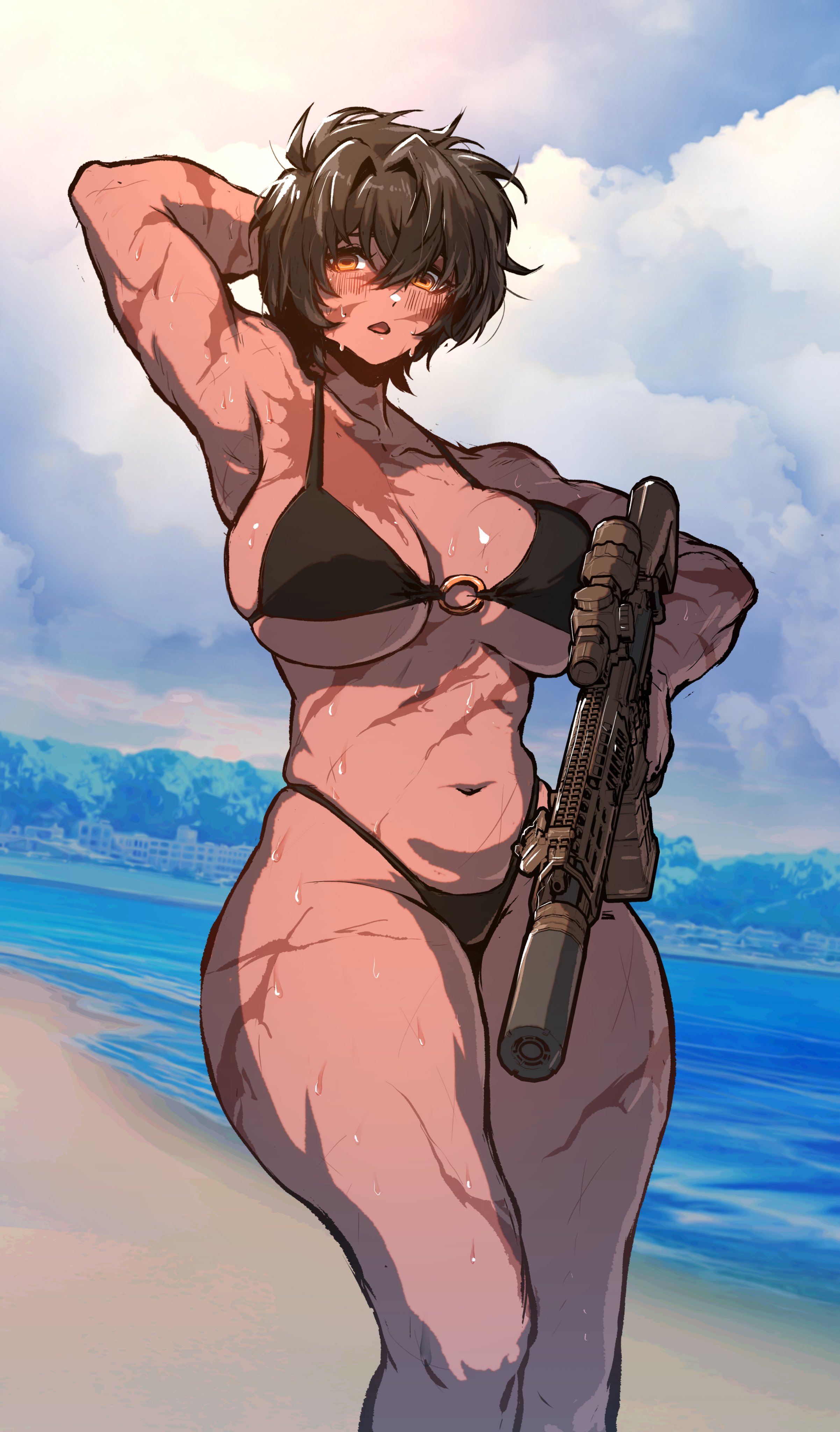 abs, beach, breasts, clothing, female, firearm, ghoul918, gun, hazel eyes, human, large breasts, muscular, muscular female, ocean, original, original character, rifle, sand, scars, scars all over, scope, short hair, sky, small waist, suppressor, sweat, swimsuit, swimwear, tan body, thick thighs, tomboy, water, weapon, wide hips