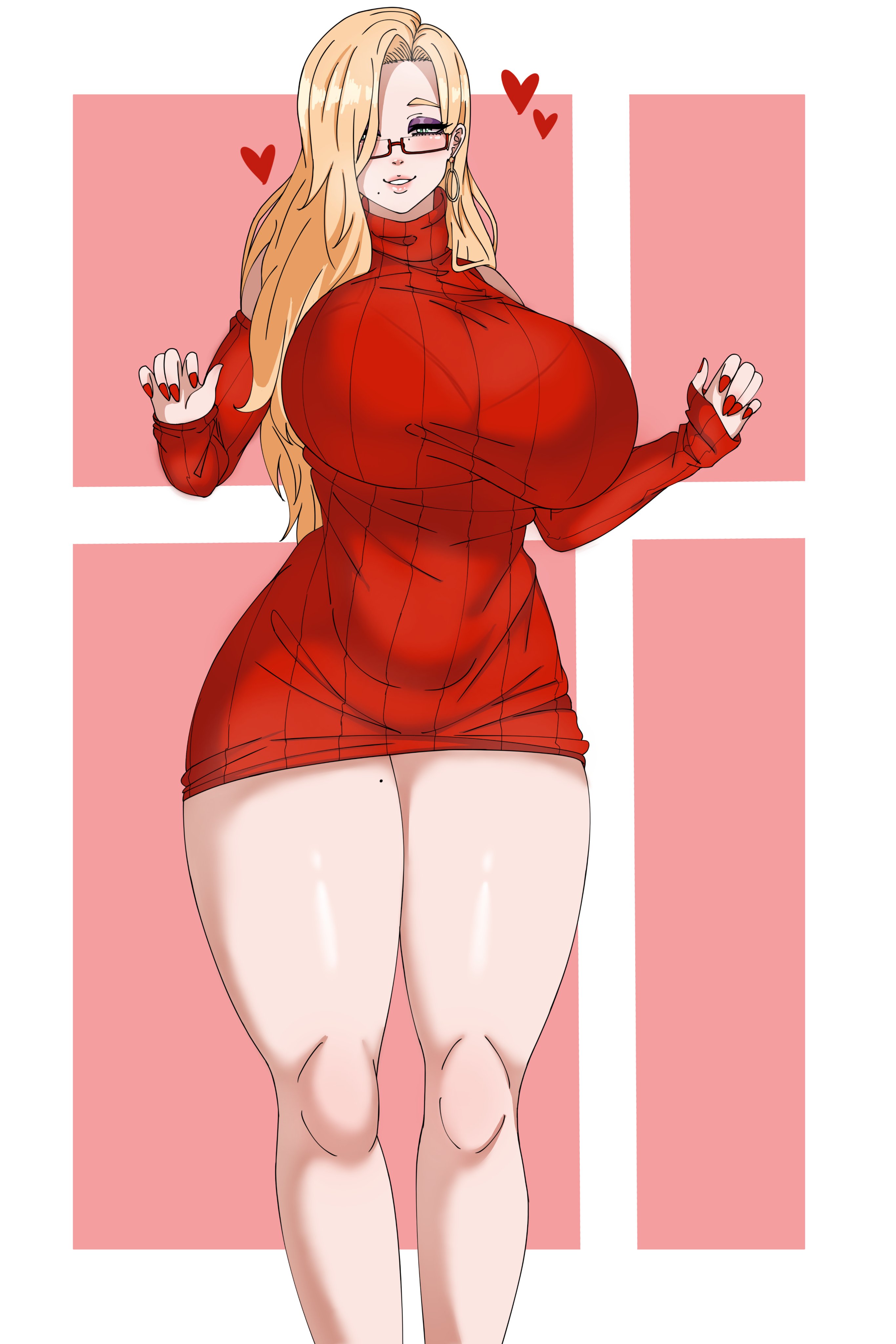 big breasts, blonde hair, breasts, demon dog, female, glasses, huge breasts, looking at viewer, original character, sweater