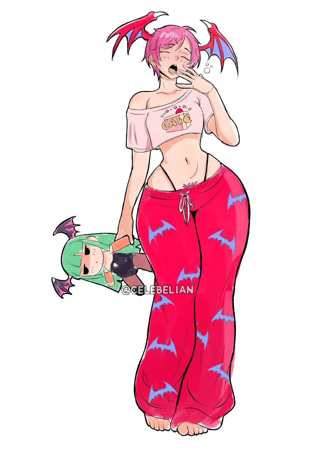 1girls bottom_heavy celebelian clothed darkstalkers hairy_pussy light-skinned_female light_skin lilith_(darkstalkers) lilith_aensland morrigan_aensland open_mouth pajama_pants pajamas pawg pink_hair pubic_hair pubic_hair_peek short_hair simple_background sleepy thong white_background wide_hips