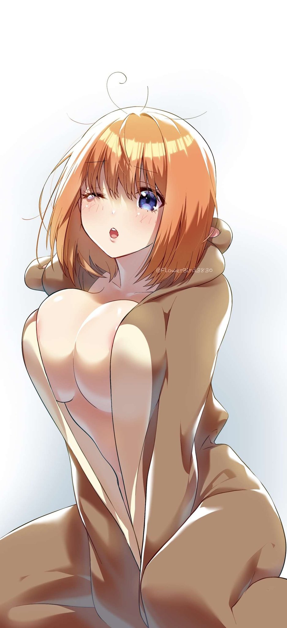 :o, areola slip, blush, brown onesie, go-toubun no hanayome, hand between legs, huge breasts, messy hair, nakano yotsuba, naked onesie, one eye closed, onesie, signature, tears, thick thighs, upper teeth, waking up, wariza, wide hips