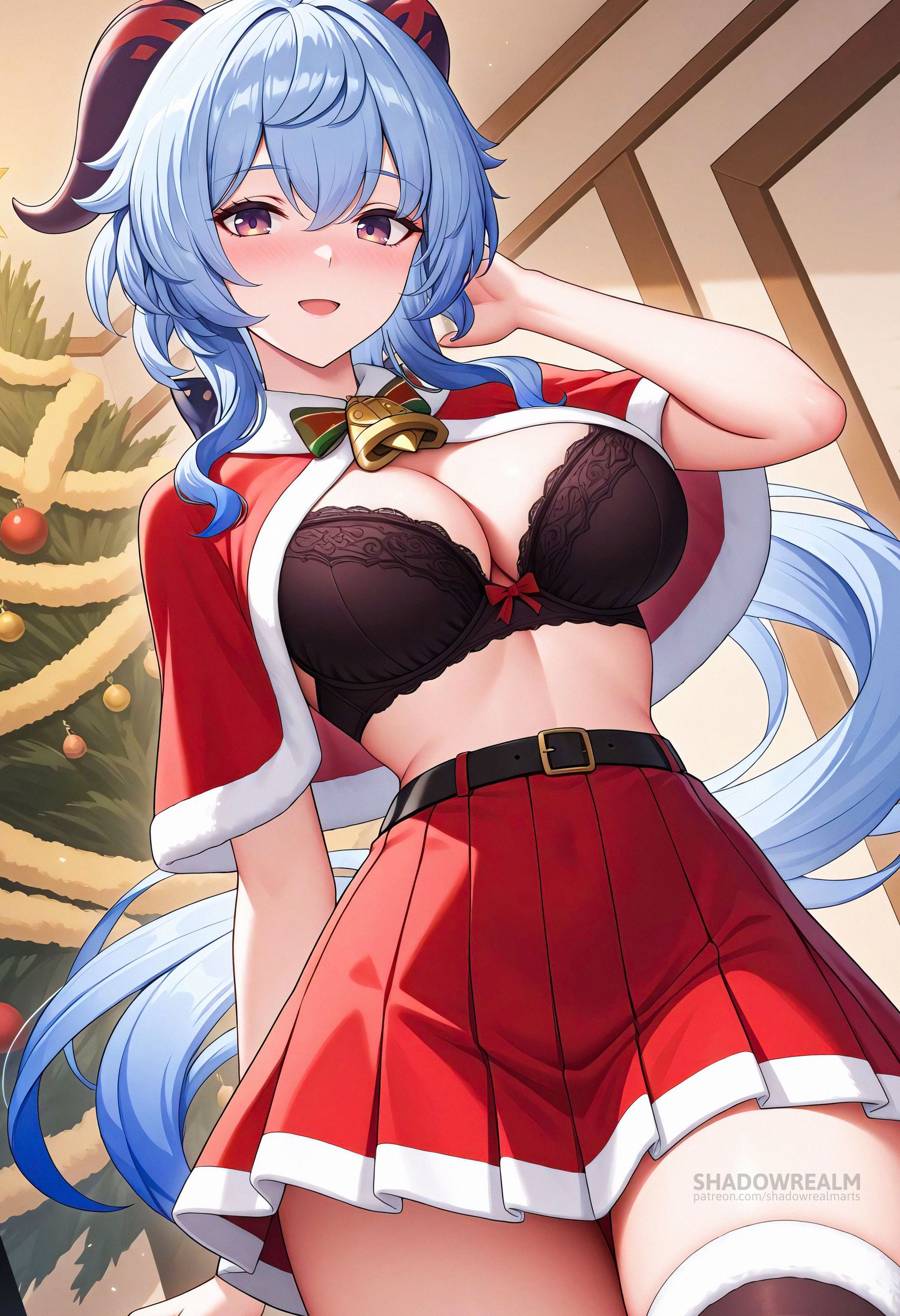 :d, ahoge, ai generated, alternate costume, bell, belt, black belt, black bra, black thighhighs, blue hair, blush, bow, bow bra, bra, breasts, buckle, capelet, christmas, christmas tree, cleavage, cowboy shot, female, fur trim, fur-trimmed capelet, ganyu (genshin impact), genshin impact, goat horns, gradient eyes, hand in own hair, hand up, horns, indoors, large breasts, long hair, looking at viewer, miniskirt, neck bell, open mouth, pleated skirt, purple eyes, red bow, red capelet, red skirt, santa costume, shadowrealmarts, sidelocks, skirt, smile, solo, thighhighs, thighs, uncensored, underwear, very long hair, zettai ryouiki