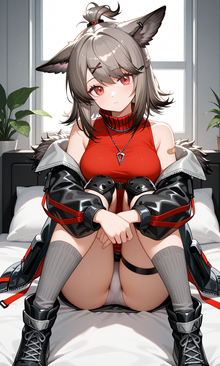 ai_generated animal_ears arknights bandaid bandaid_on_shoulder bare_shoulders bed black_boots black_jacket boots breasts chest_strap cutter_(arknights) female female_focus fogrey_hair fox_ears grey_socks hair_ornament hairclip half_updo hugging_own_legs jacket knee_pads kneehighs long_sleeves looking_at_viewer medium_breasts minskirt necklace off_shoulder open_clothes open_jacket panties pantyshot pendant red_eyes red_shirt shirt short_hair sitting_on_bed sleeveless sleeveless_shirt socks solo suspenders thigh_strap topknot white_panties