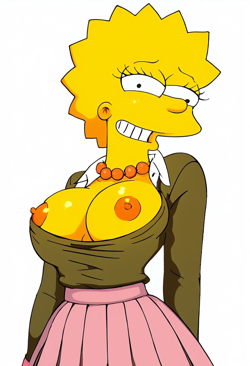 1girls, 20th century fox, 20th century studios, ai generated, black sweater, breasts, breasts out, cosplay, crossover, crossover cosplay, dandadan, female, fox corporation, gracie films, grin, lisa simpson, matt groening, necklace, nipples, pleated skirt, school uniform, shiratori aira (dandadan), shiratori aira (dandadan) (cosplay), skirt, smile, the simpsons, yellow skin