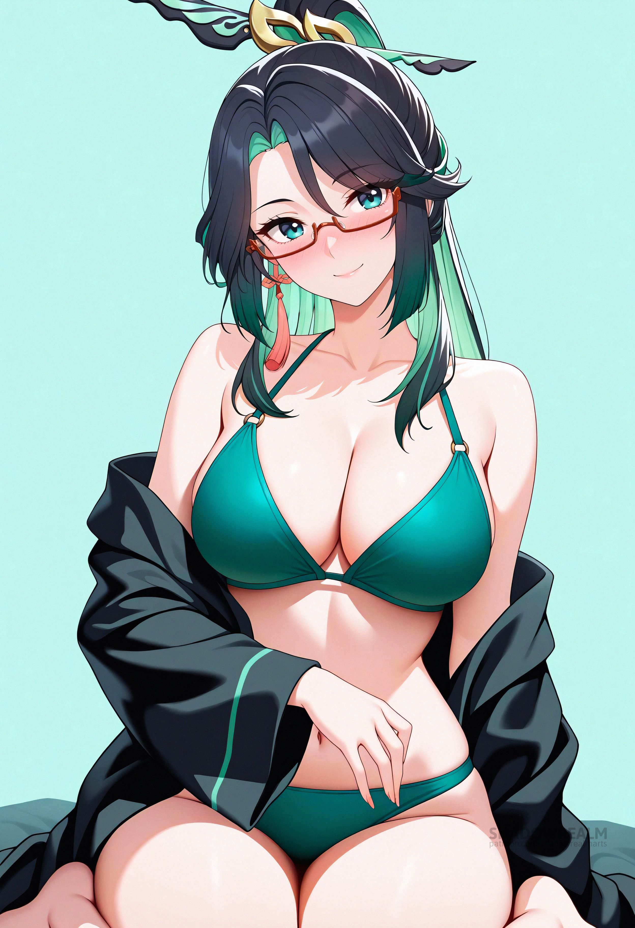 ai generated, aqua eyes, bare shoulders, bikini, black hair, blush, breasts, cleavage, closed mouth, collarbone, colored inner hair, earrings, female, genshin impact, glasses, green bikini, green hair, hair ornament, jewelry, large breasts, long hair, long sleeves, looking at viewer, multicolored hair, navel, off shoulder, open clothes, red-framed eyewear, semi-rimless eyewear, shadowrealmarts, simple background, sitting, smile, solo, stomach, swimsuit, tassel, tassel earrings, thighs, two-tone hair, uncensored, very long hair, xianyun (genshin impact)