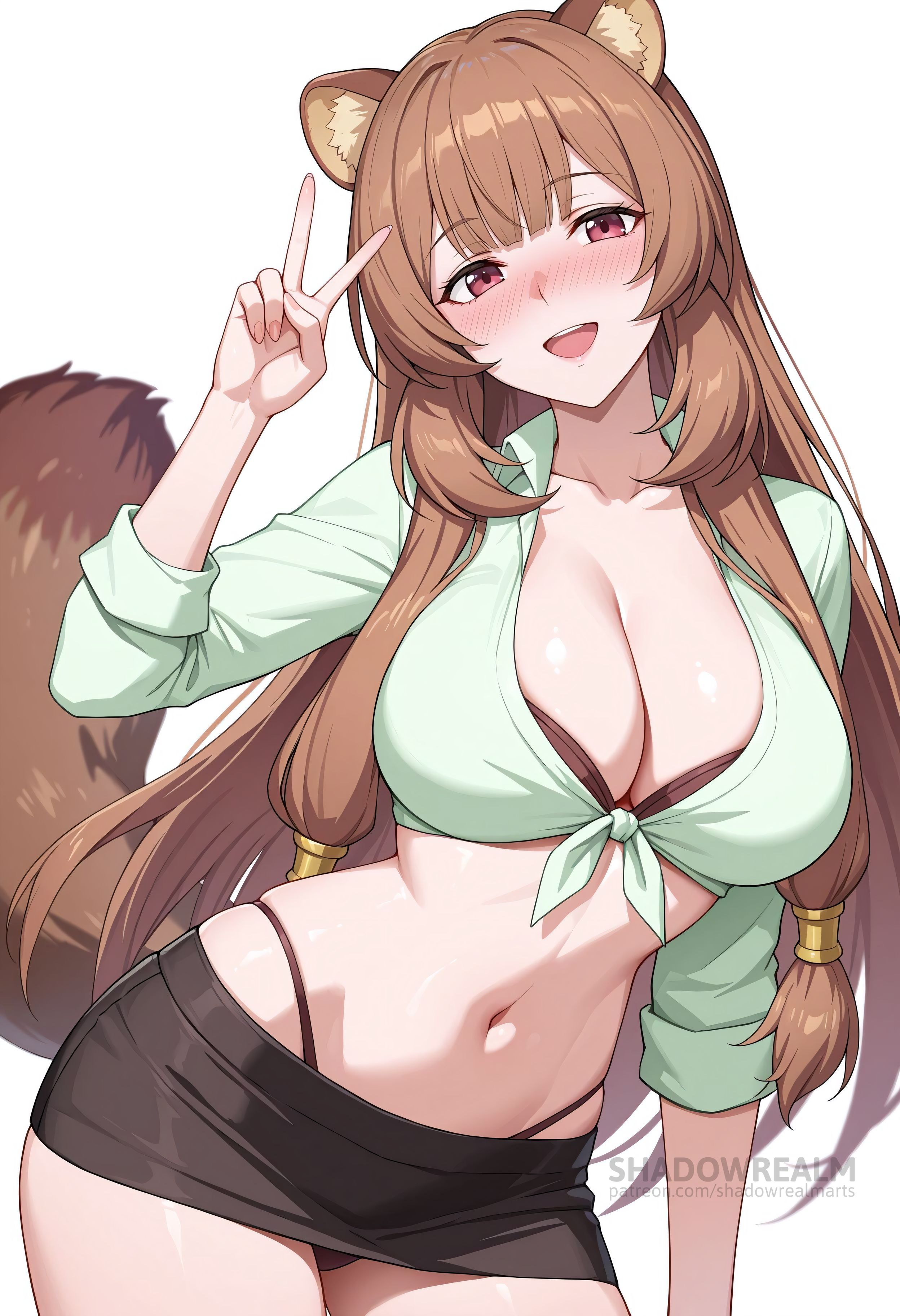 :d, ai generated, animal ear fluff, animal ears, black panties, black skirt, blush, bra, breasts, brown hair, cleavage, collarbone, cowboy shot, female, green shirt, hand up, large breasts, long hair, long sleeves, looking at viewer, microskirt, midriff, miniskirt, navel, open mouth, panties, pencil skirt, raccoon ears, raccoon girl, raccoon tail, raphtalia, red eyes, shadowrealmarts, shirt, simple background, skirt, smile, solo, stomach, tail, tate no yuusha no nariagari, thighs, tied shirt, uncensored, underwear, v, very long hair, white background