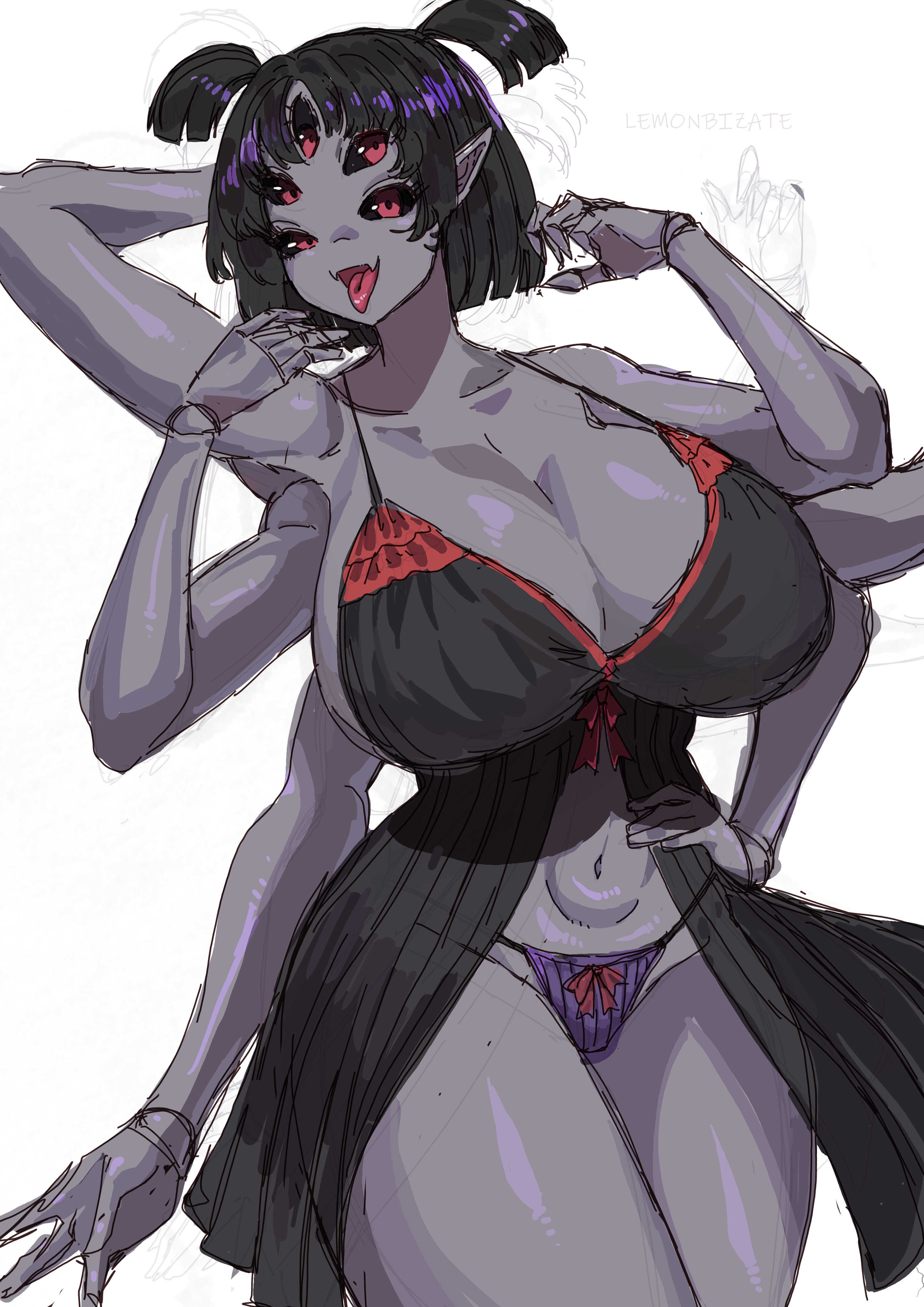 1girls, 5 eyes, absurd res, armpits, big breasts, black lingerie, breasts, breasts bigger than head, cleavage, clothing, fangs, female, high resolution, highres, huge breasts, lemonbizate (artist), lingerie, looking at viewer, milffet, monster girl, muffet, multi eye, panties, purple body, purple panties, revealing clothes, simple background, solo, solo female, spider girl, teasing, thick thighs, tongue, tongue out, undertale, undertale (series), watermark, white background