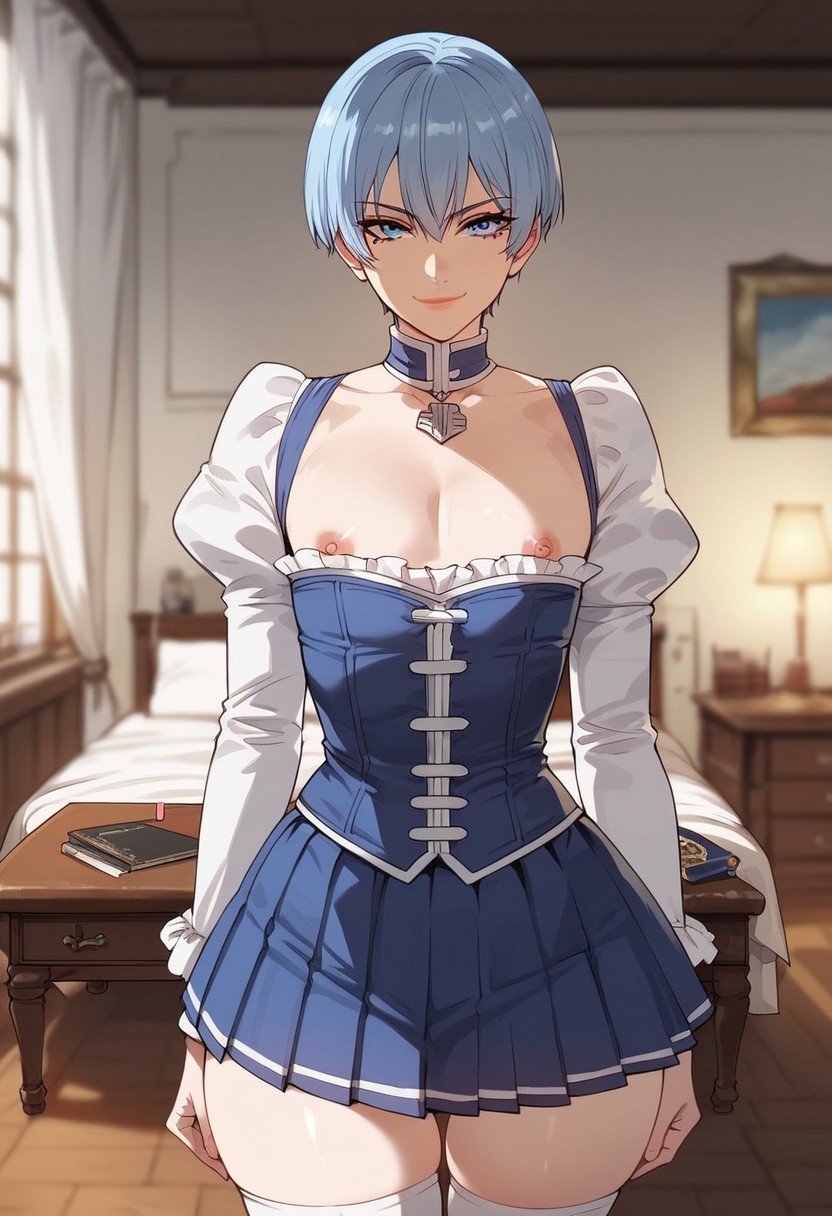 1boy, 1femboy, 2024, ai generated, alternate version available, aqua hair, bed, bedroom, blue eyes, blue hair, choker, corset, crossdressing, dress, eyelashes, femboy, feminine male, frilled dress, frills, girly, himmel (sousou no frieren), indoors, kyranqaek, legwear, looking at viewer, male, male only, nipples out, nipples outside, sousou no frieren, standing, thighs, trap, twink, white legwear, zettai ryouiki
